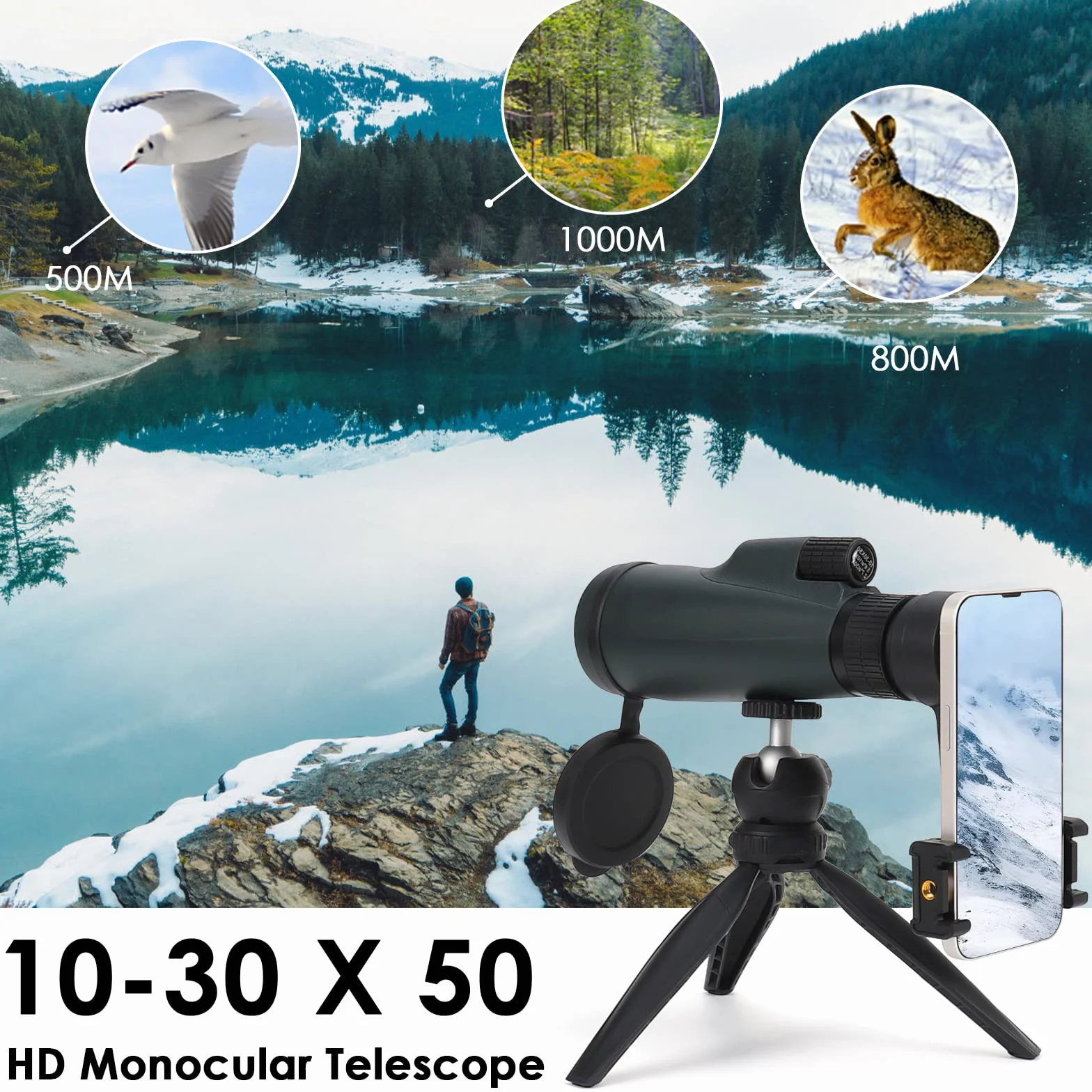 Monocular 10-30x50 HD Zoom, Czemo Largo Alcance Impermeable y Antivaho com Prisma BAK-4 y Soporte Teléfono y Trípode para Observación de Aves Caza