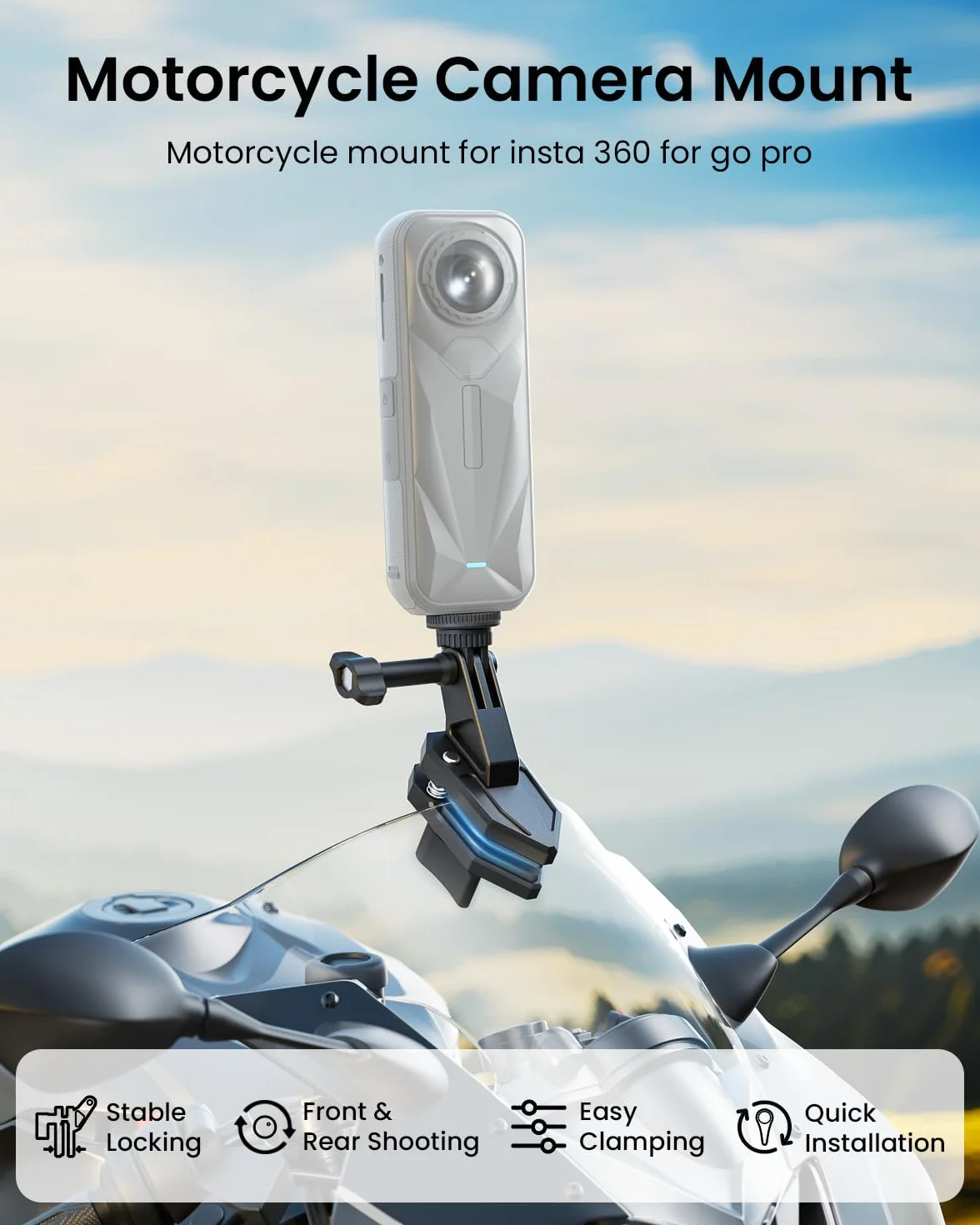 Pinza de Soporte de Cámara para Parabrisas de Motocicleta para Insta360 X5/X4/X3 para GoPro para dji Osmo Action Abrazaderas de Soporte de Motocicleta para Accesorios para Insta360 X5