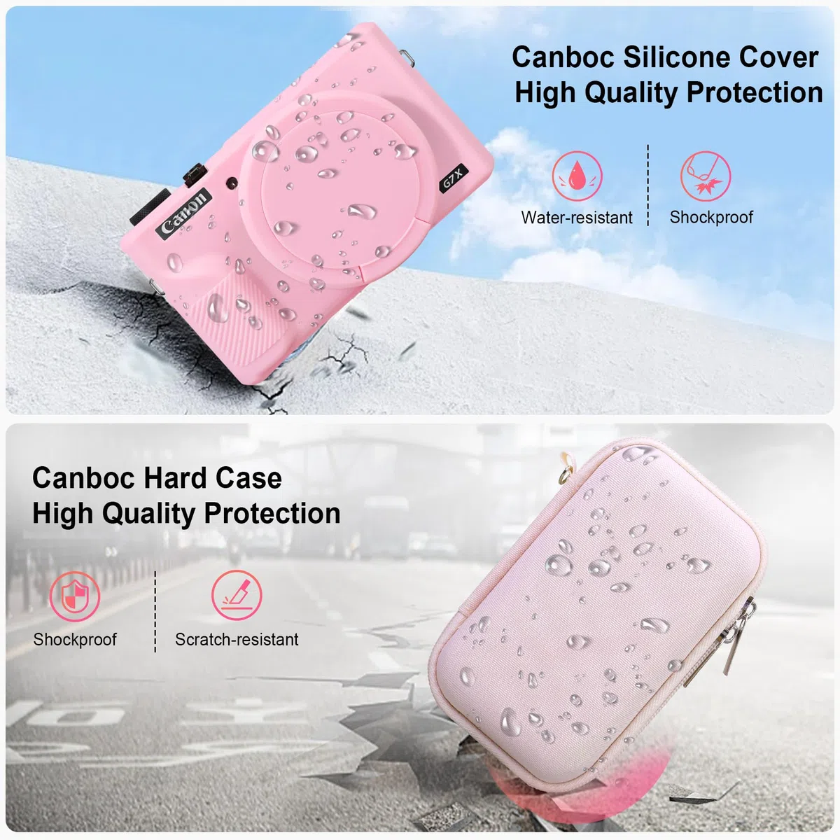 Estuche Canboc para cámara Digital Canon PowerShot G7X Mark III, Estuche de Transporte Duro + Cubierta de Silicona Suave con Cubierta de Lente extraíble, Rosa gelatina