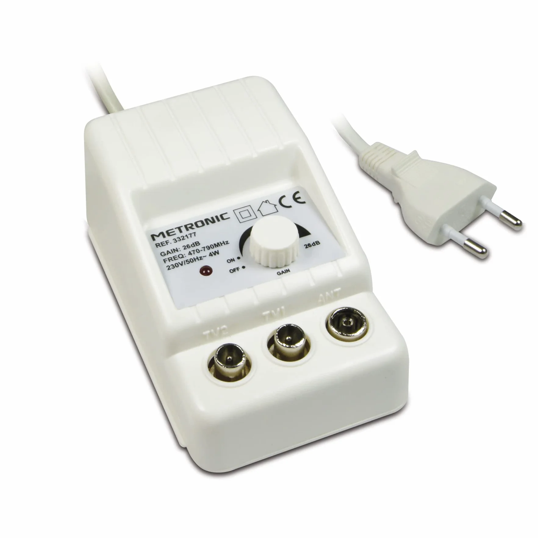 Metronic - 332177, amplificador de antena de TV interior para canales de TDT, compatible con 4G/5G, 26 dB, 2 salidas con toma de TV de 9,52 mm, blanco