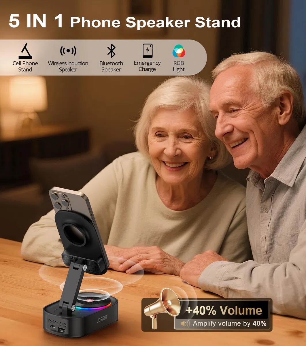 Jorest Altavoz Bluetooth con Soporte Movil, Altavoces Inalámbricos Inducción con Suporte Telemovel, Compatible con iPhone iPad Tablet,Regalo Hombre Cumpleaños,Regalos Mujer/Profesora/Niña/Niño