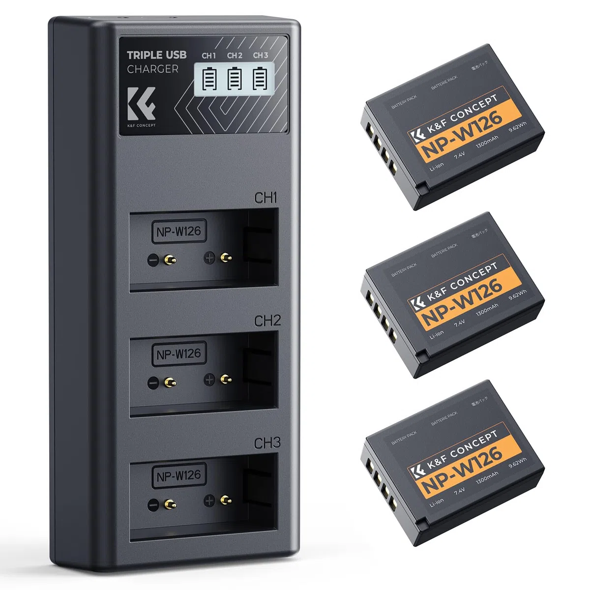 K&F CONCEPT 3-Pack Baterías NP-W126/NP-W126S y Cargador 3 Ranuras, 1300mAh Totalmente Decodificado Compatible con Fujifilm XM5/X100VI/X100V/XS10/XT30 II, LCD y Entradas Micro USB/Type-C