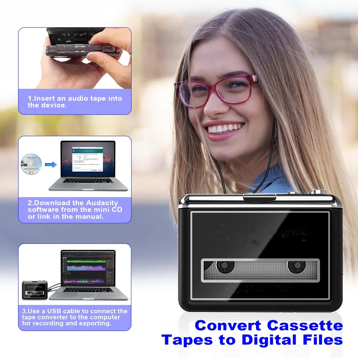 Reproductor de Casetes Portátil, Convierte Casetes a MP3, Compatible con Computadora/Portátile, Rebobinado Automático - Grabación Digital de Música en Casete