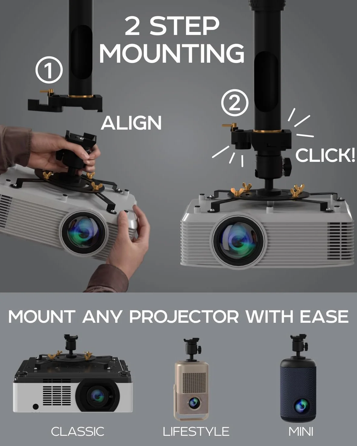 Soporte universal para proyector PropVue: soporte de pared o techo ajustable para miniproyectores de oficina y domésticos: movimiento completo, fácil instalación, giro de 360°, longitud de 35 a 53 cm