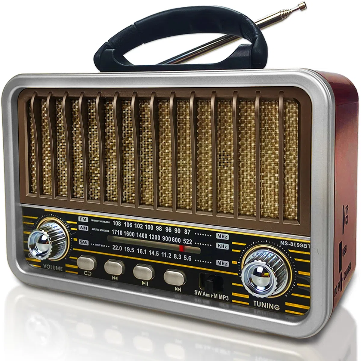 Radio Portátil Pequeña, AM/SW/FM, Bluetooth 5.0, Recargable, Soporte TWS/USB/Tarjeta TF, Retro para Cocina, Escritorio, Exterior (Blanco)
