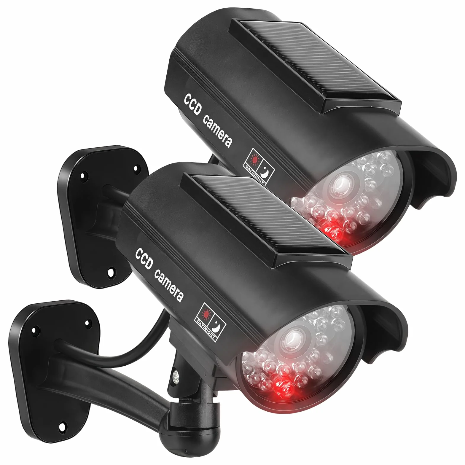 Sporgo 2 piezas de cámara falsa exterior: Cámara solar falsa de vigilancia con luz LED roja intermitente, cámara falsa de vigilancia falsa para interior y exterior (Negro A)