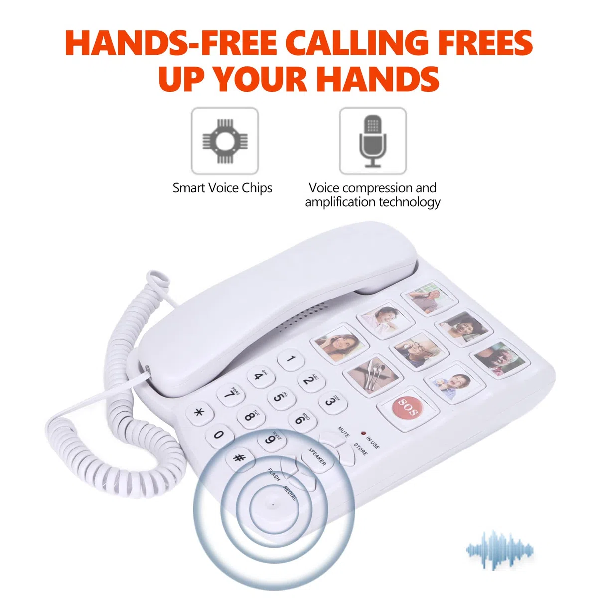 Teléfono Fijo sobremesa con Teclas Grandes, Volumen Alto, Manos Libres, Botón SOS y Silenciar Almacenar Altavoz Flash Rellamada, Teléfono de sobremesa con Memoria fotográfica para Personas Mayores