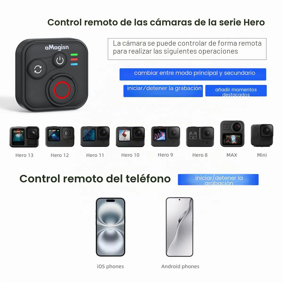 Mando a distancia Bluetooth para Insta360 Ace Pro 2 X5 ONE RS GoPro Hero 13 12, mando a distancia inalámbrico con correa de muñeca, alcance de 50 m, accesorios de cámara de acción inteligente