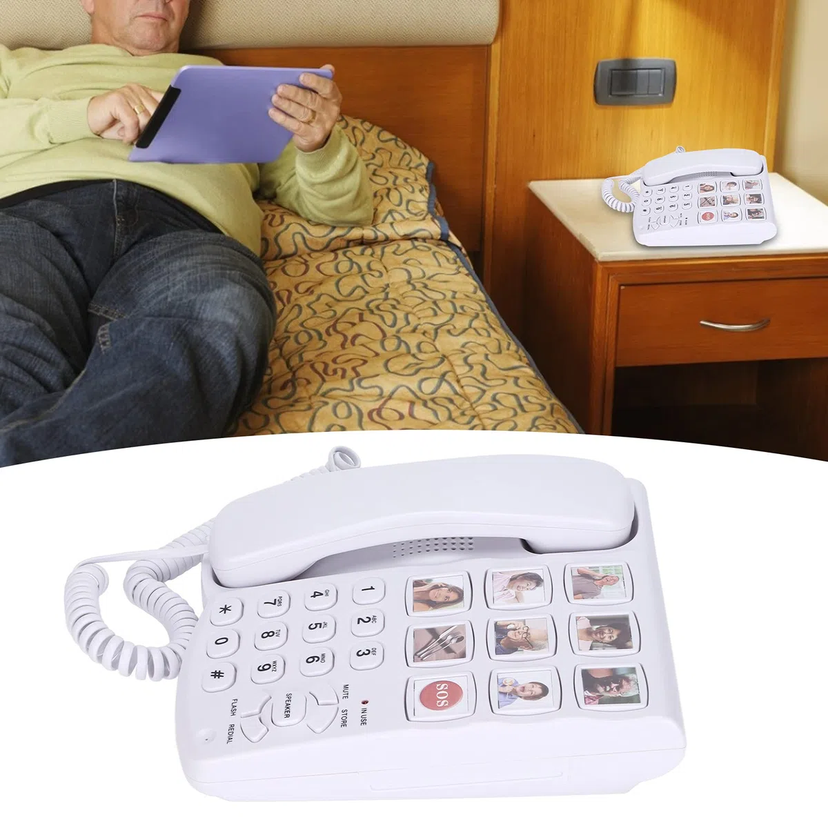 Teléfono con cable de botón grande, memoria fotográfica, marcación rápida y altavoz manos libres, amplificado para personas mayores, Alzheimer