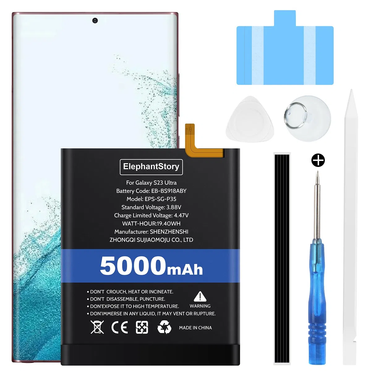 ElephantStory Batería para Samsung Galaxy S23 Ultra SM-S918B, 5000 mAh Código de Bateria EB-BS918ABY Batería de Polímero de Litio de Repuesto con Kit de Reparación