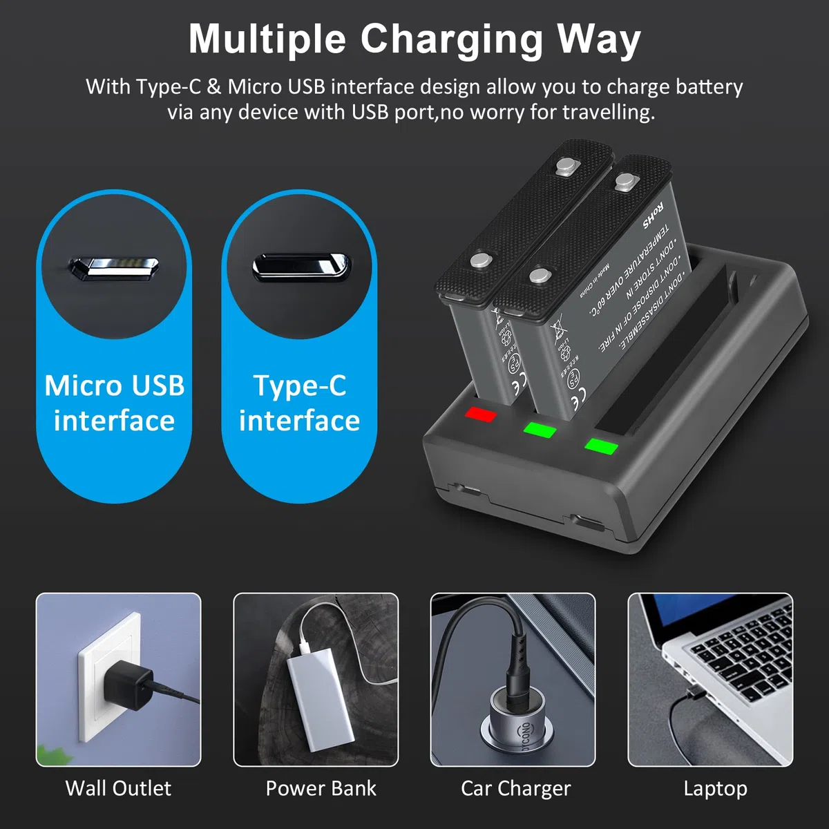 COOLSHOW Cámara de Acción X3 Batería de Repuesto 1800mAh 2 Packs y Cargador Triple X3 Compatible con Cámara X3 (Reemplaza para Batería X3)