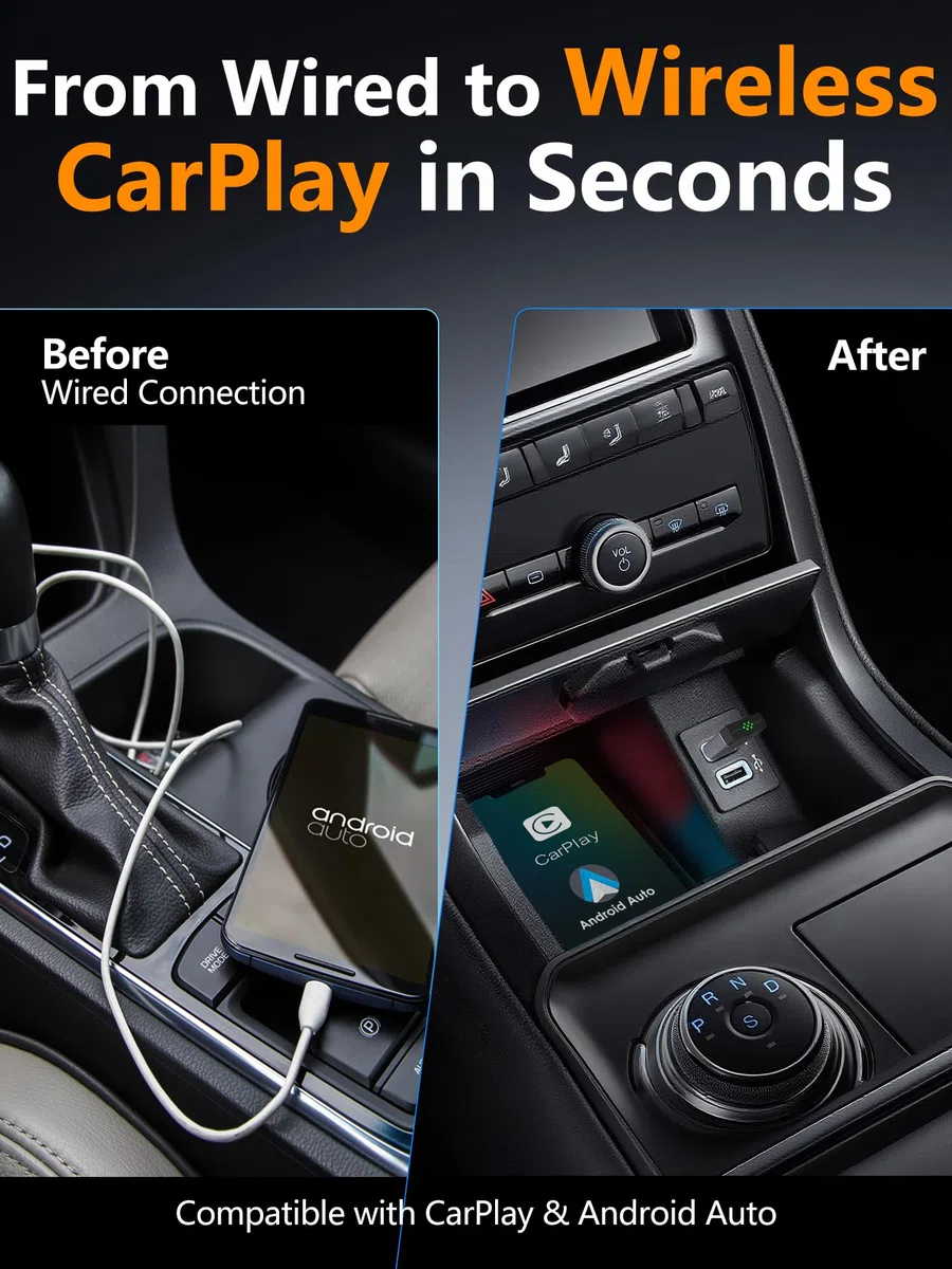 2 en 1 Mini Adaptador CarPlay y Android Auto inalámbrico, Convierte tu Sistema cableado en inalámbrico. Conexión automática rápida, Plug & Play, iOS 10+, Android 10+, Coches 2016+.(1 Piezas)