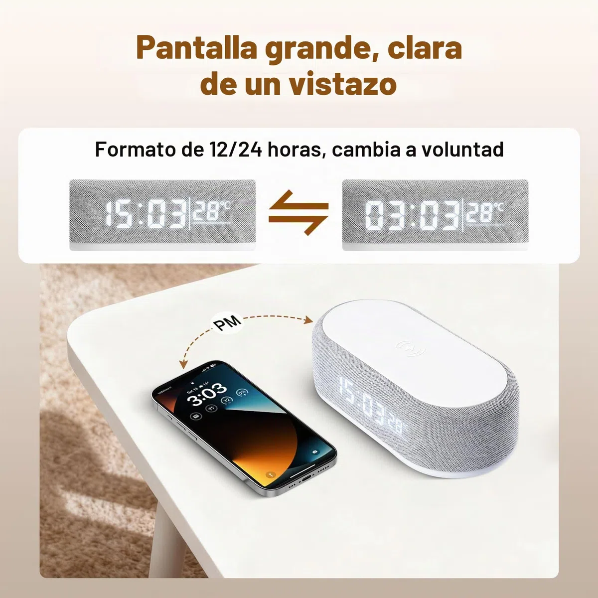 Despertador Digital 4 en 1, Cargador Inalámbrico, Despertador Inteligente con indicador de luz y Temperatura, Brillo Ajustable