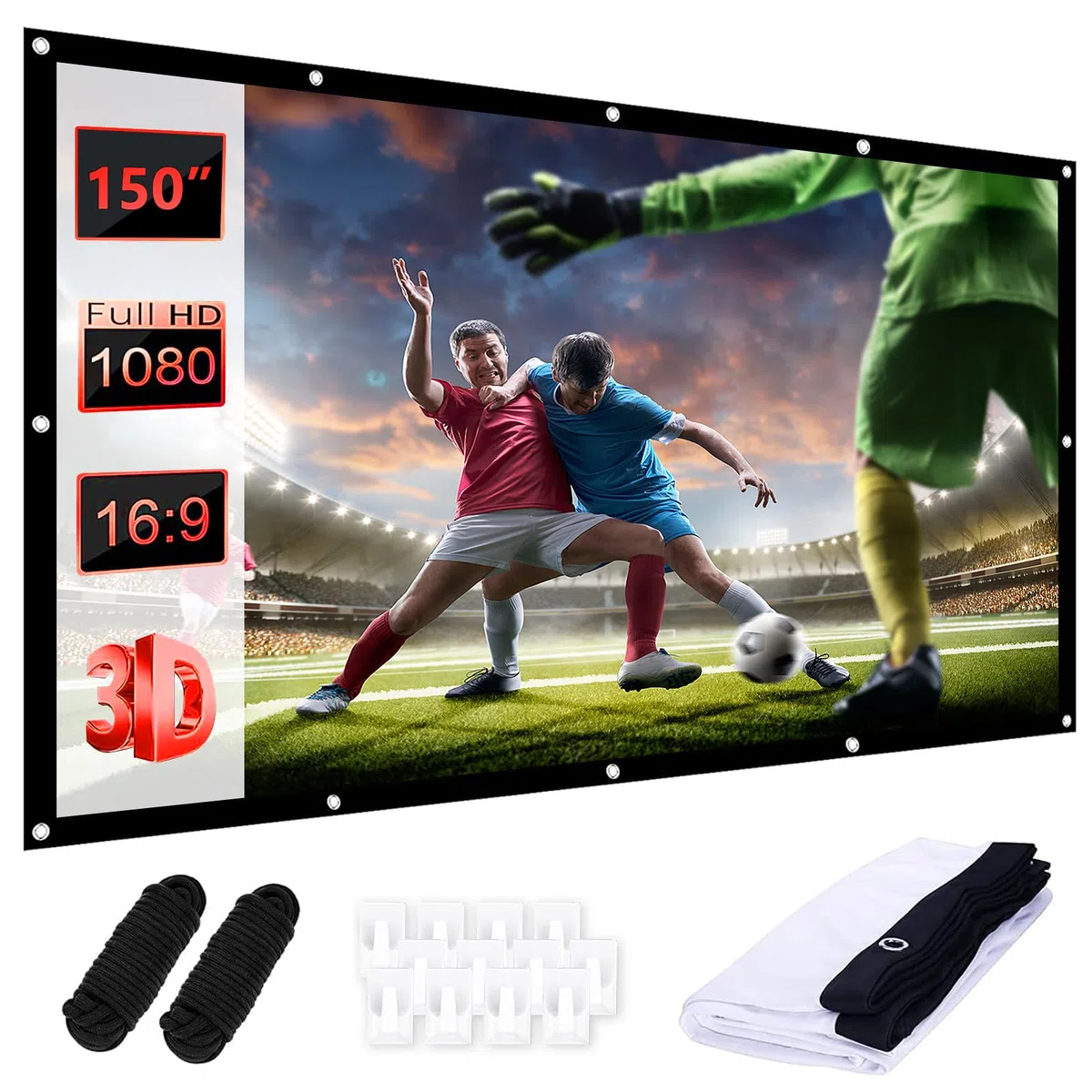 Pantalla de proyección HD 150" 16:9 - Pantalla de proyección portátil plegable con gancho y cuerda - Para casa, escuela, reuniones, camping, cine en casa (12 agujeros)
