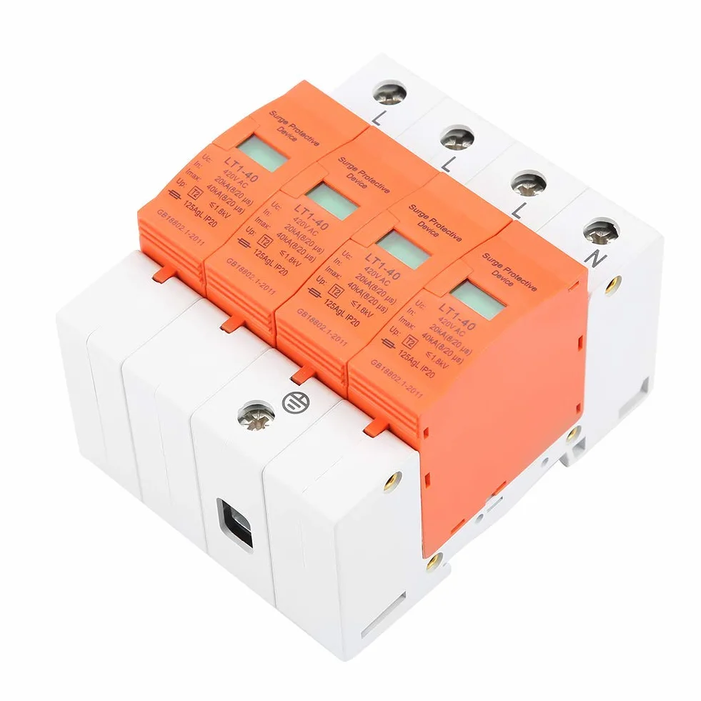 4 Polos AC 420V, 40KA, Protector de Sobretensión Doméstico, Dispositivo Pararrayos de Bajo Voltaje, para Protección Contra Rayos