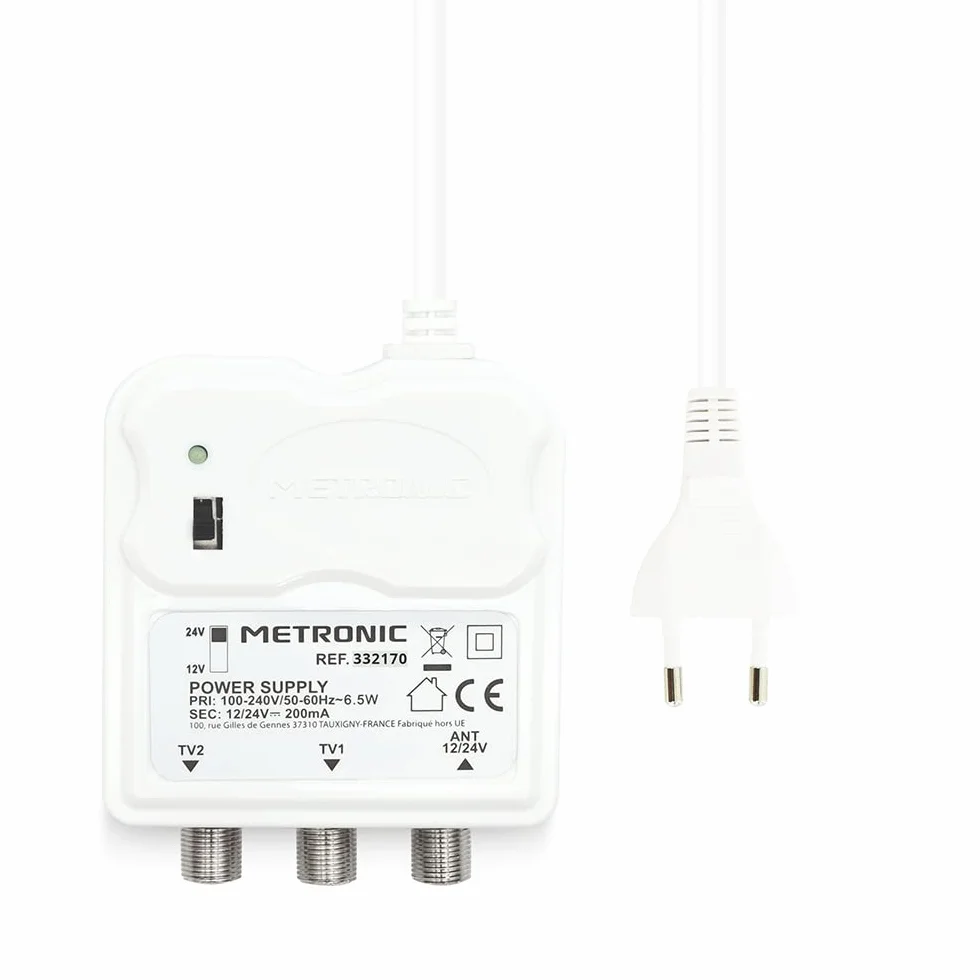 METRONIC 332170 - Amplificador de Interior con Ajuste de Ganancia, 2 Salidas de TV de 9,52 mm – Fuente de alimentación de 12/24 V para Amplificador de TV – Fuente de alimentación – Color Blanco
