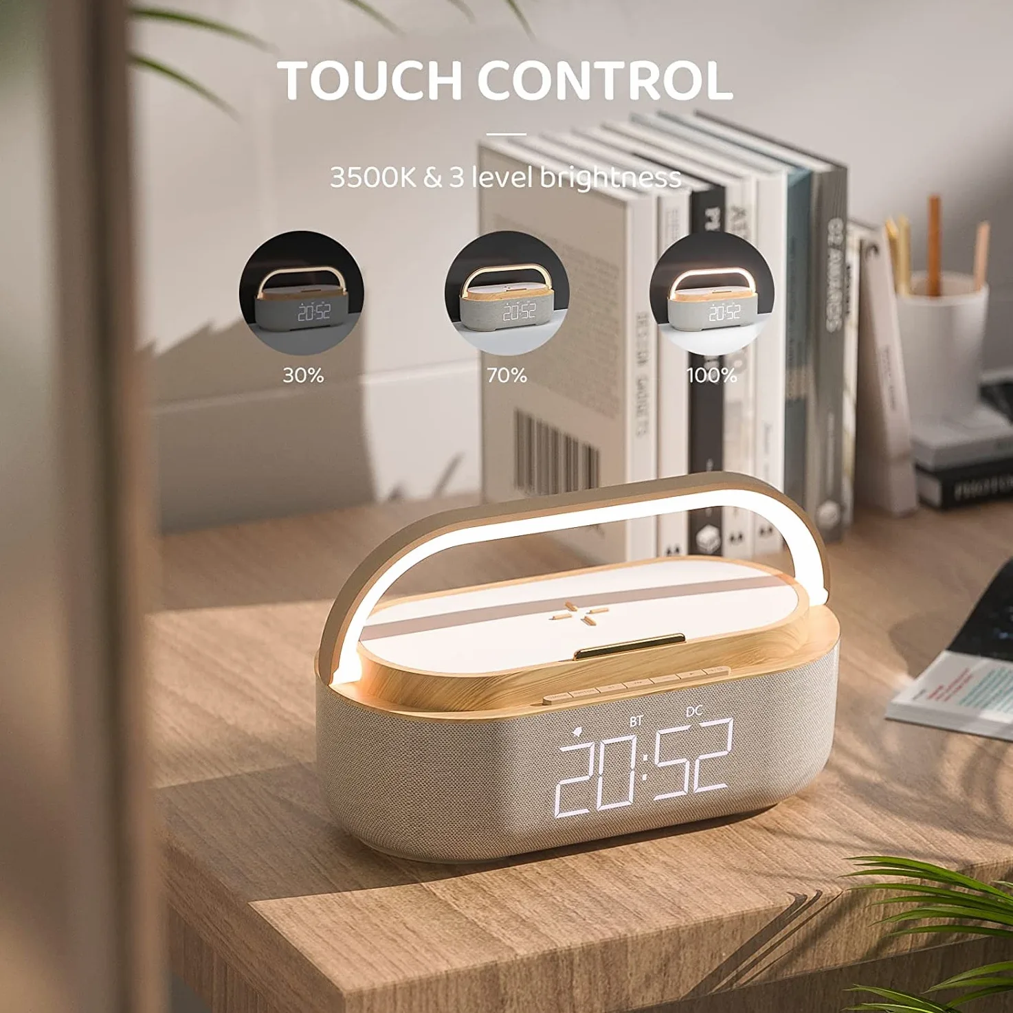 COLSUR Radio Despertador Digital con Carga Inalambrica, FM Radio con Puerto de carca USB, Pantalla LED Ajustable, Luz Nocturna, Bluetooth, Alarma de Temporizador de Apagado y Soporte para Teléfono