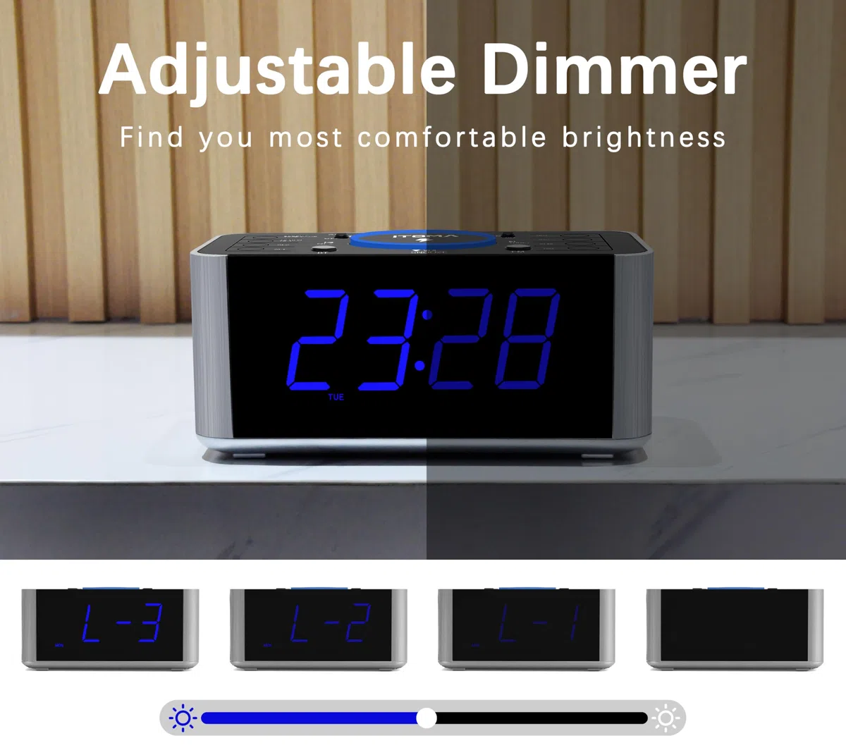 iTOMA Radio de Despertador con Carga inalámbrica 5w, Snooze, Bluetooth, Despertador Doble, Pantalla LED de 1,4 Pulgadas, dimmer, Reloj de Carga USB en la cabecera de la Cama 206