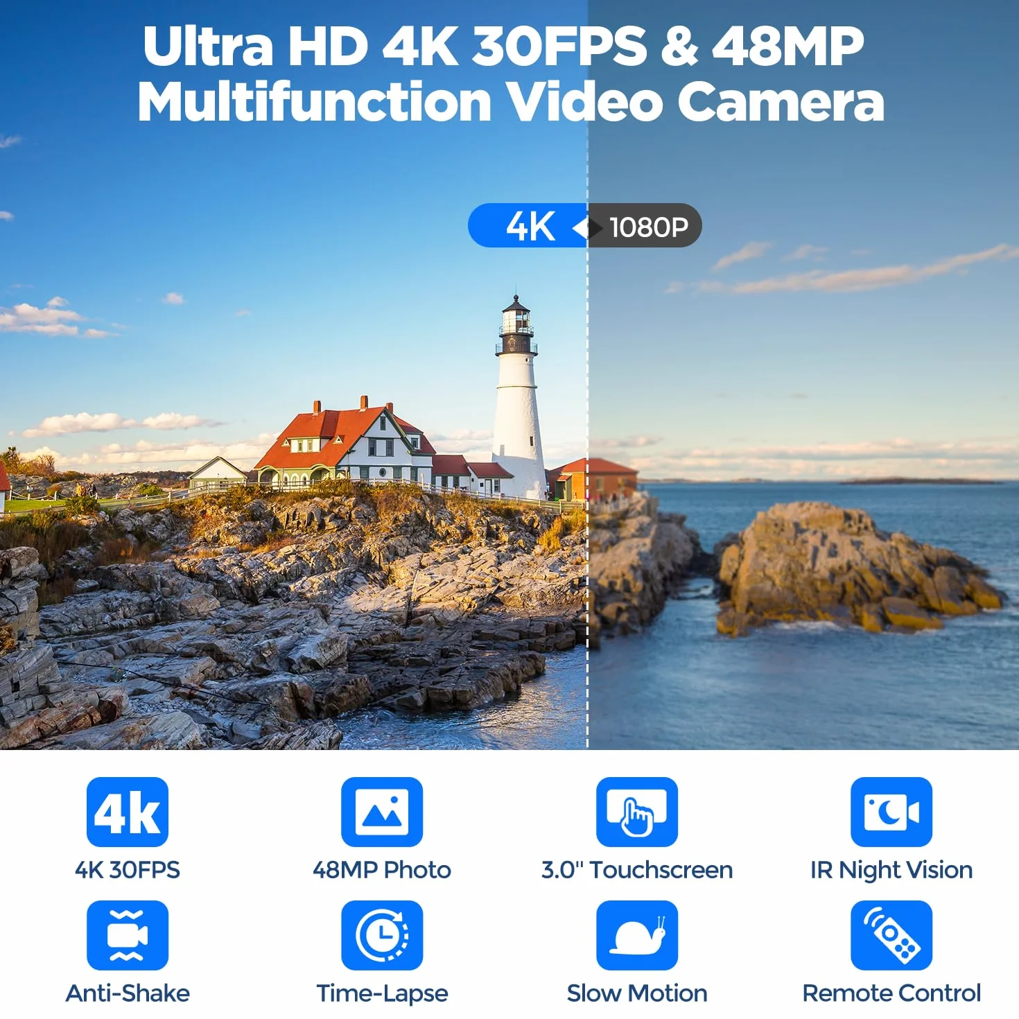 Cámara de vídeo 4K 48MP Videocámara 16X Zoom Digital IR con Pantalla táctil giratoria 270° y Tarjeta SD 32GB