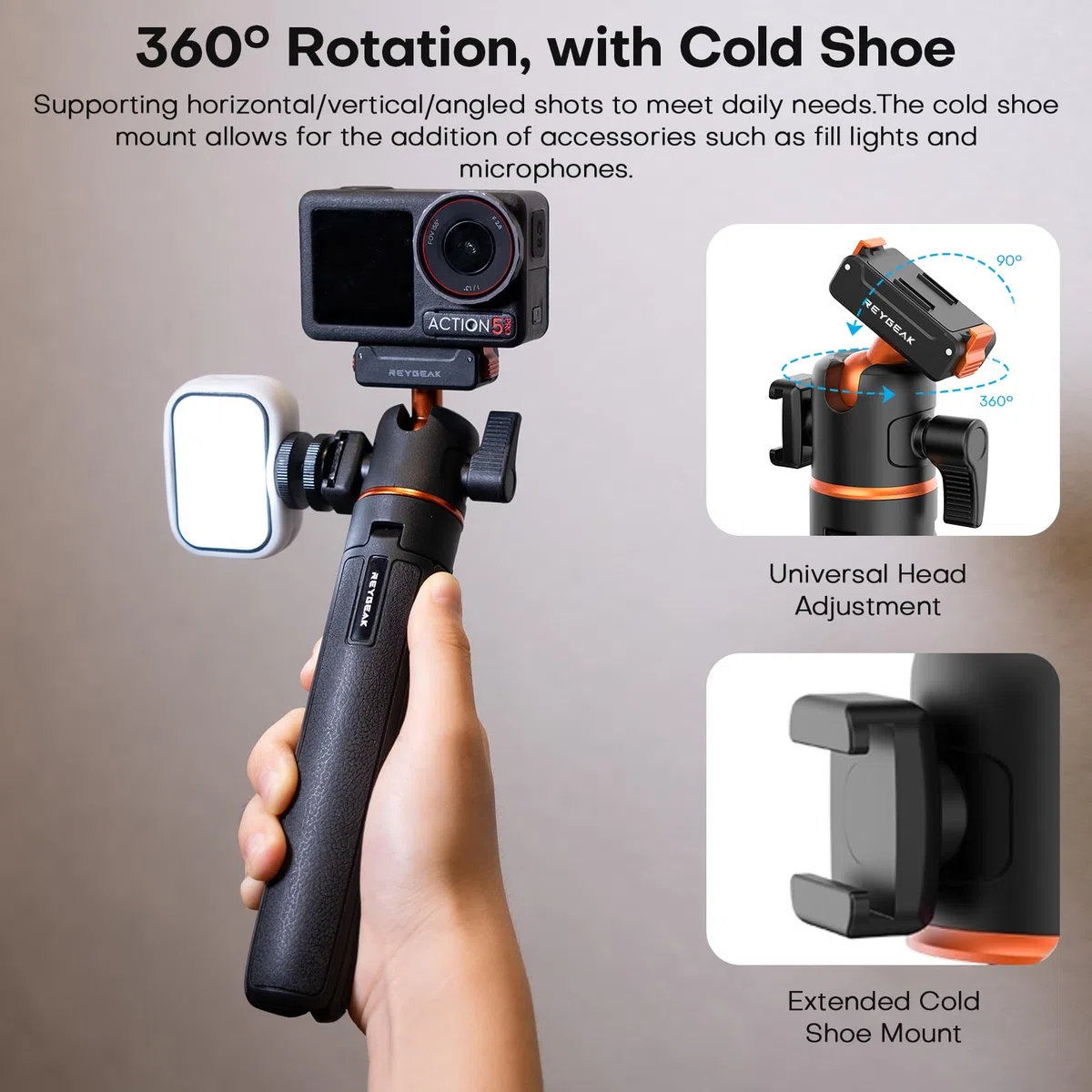 REYGEAK Trípode de extensión magnético para dji Osmo 360 Action 5 Pro/4/3, 55 cm Ajustable, con Zapata fría y Adaptador de Cambio rápido para dji OSMO Action Accesorios