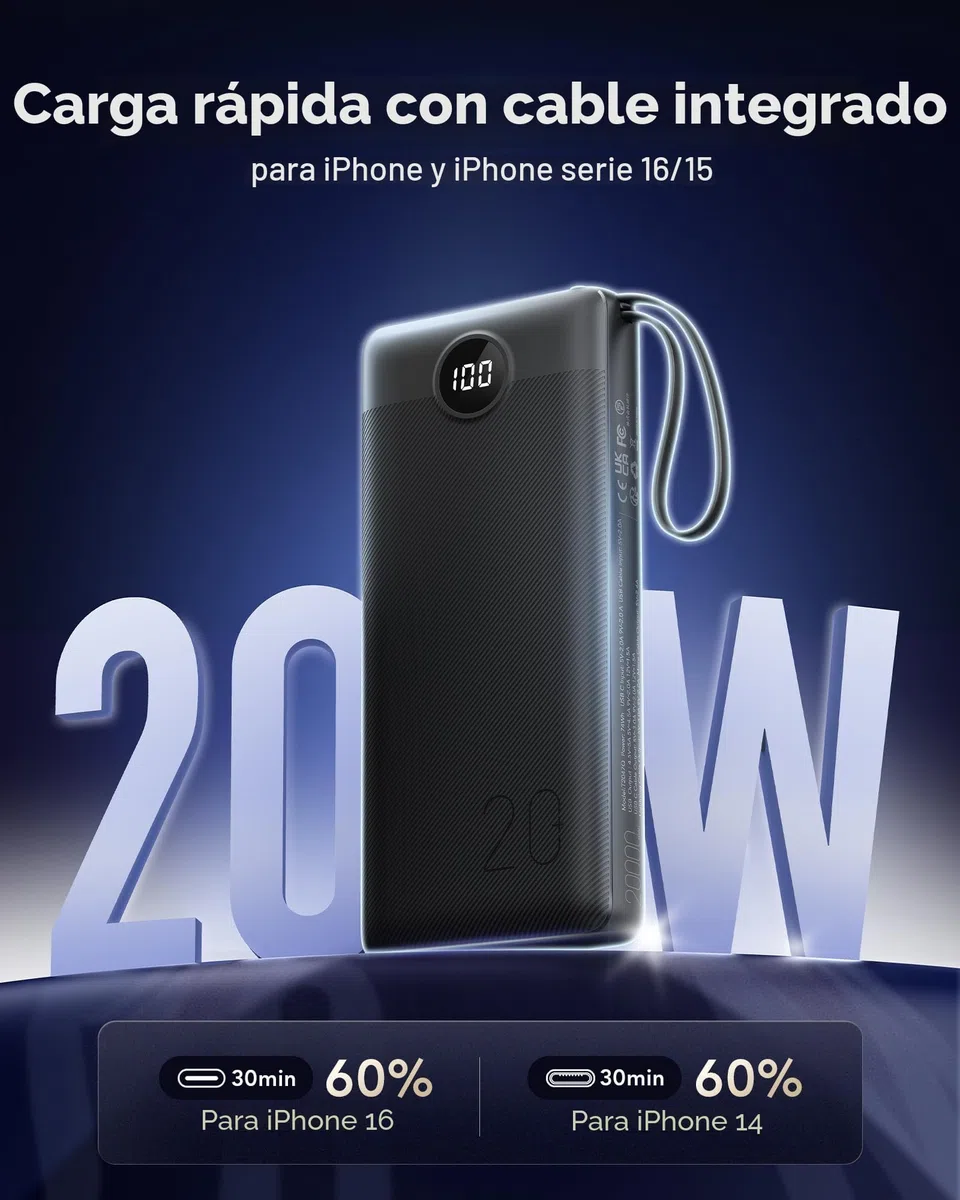 VRURC Power Bank, 22,5W Bateria Externa Carga Rapida 20000mah con 4 Cables Integrado, USB C In/out Powerbank, Cargador Portatil Fast Chagring Compatible con iPhone 17/16 Pro MAX/iPad/Xiaomi (1 Pack)