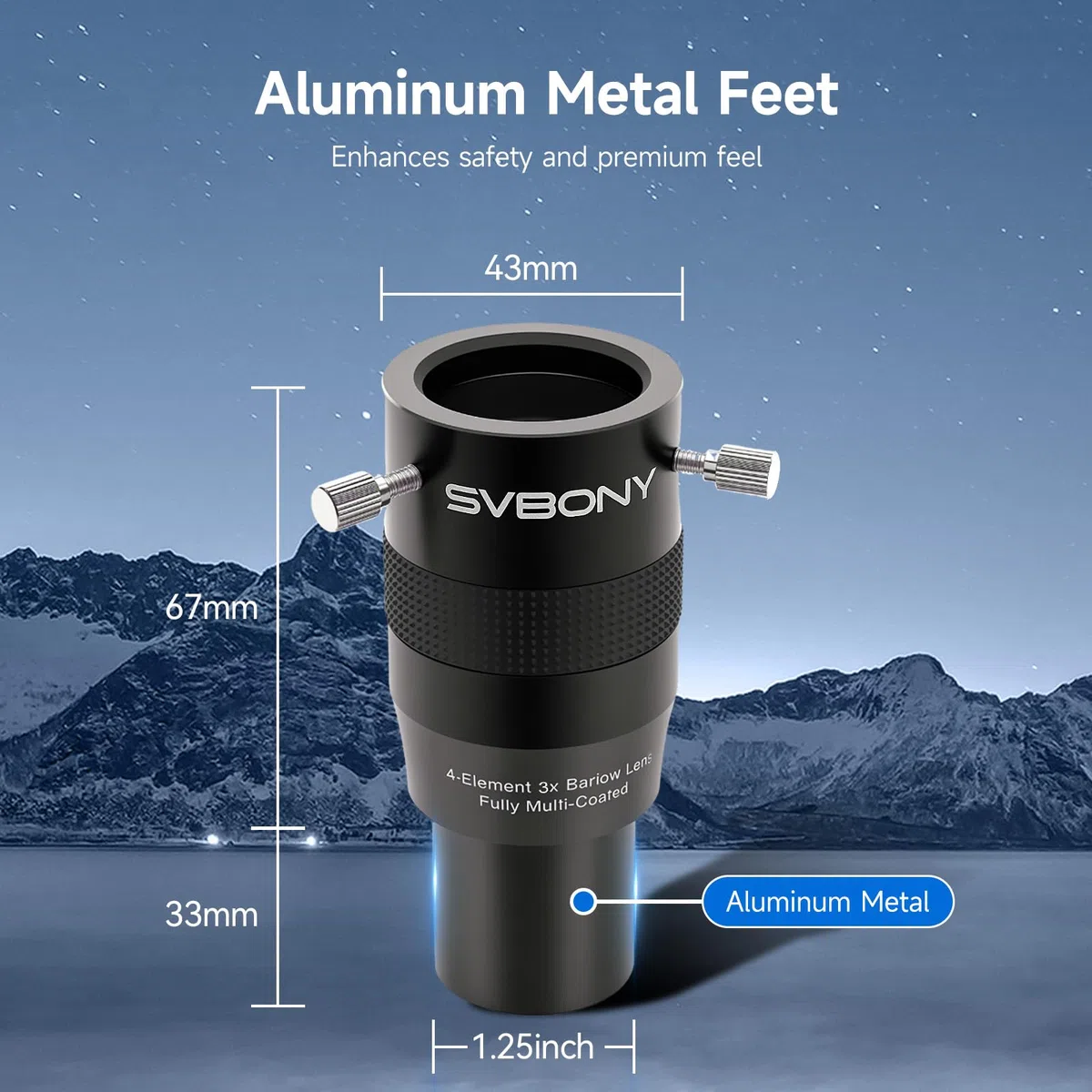 Svbony SV216 Lente Barlow 3X, 1.25" Metal Barlow 4 Elementos Apocromática FMC Lente Telescopio para Observación Planetaria con Ocular de Telescopio