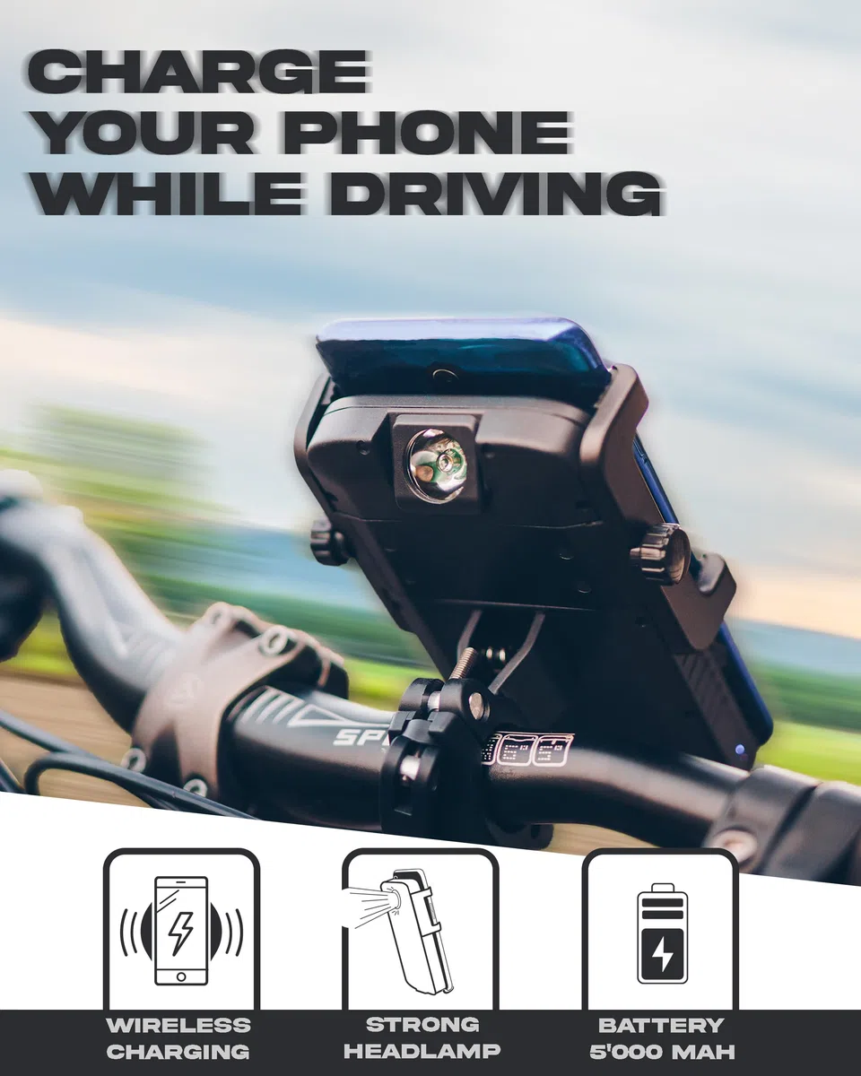 Sunslice Soporte Movil Bicicleta:, Soporte móvil Moto, Soporte móvil con Power Bank Integrado, Soporte telefono Bicicleta Compatible para iPhone, Samsung, inalámbrico, Carga móvil sin Cable