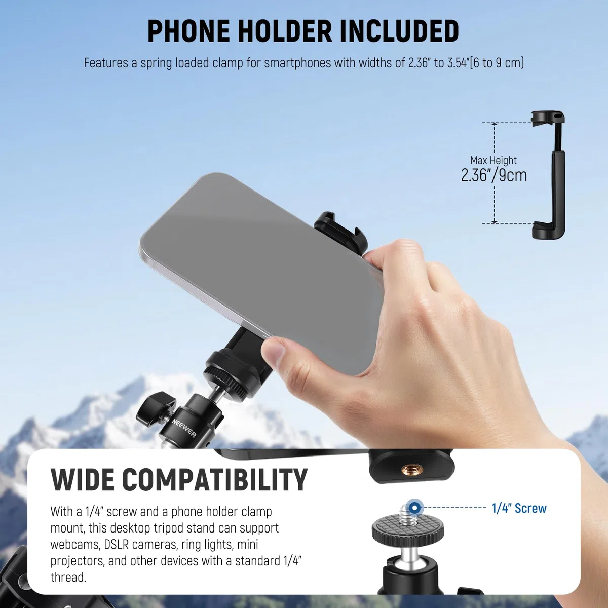 NEEWER Webcam Trípode Escritorio, Minicámara Trípode Mesa con Soporte Teléfono, Compatible con iPhone, Logitech Anker Emeet, Aro Luz para Gabación de Video, Transmisión en Vivo, Zoom Call, ST45B