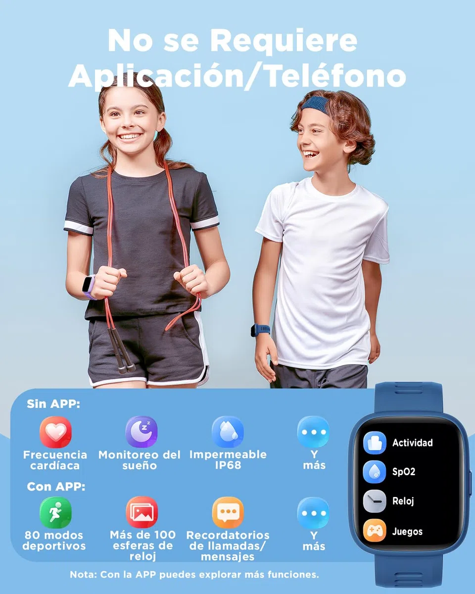 BIGGERFIVE Pulsera Actividad Niños Niñas 5-16, 1,8" Reloj Inteligente Podómetro, Frecuencia Cardíaca, Resistente al Agua IP68, Monitor de Sueño, Despertador, Juegos de Rompecabezas con/sin App