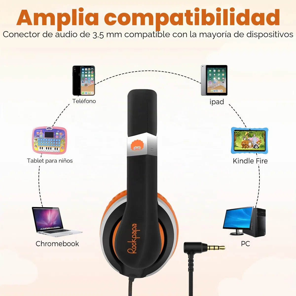 Rockpapa Auriculares con Cable I20, Auriculares estéreo con Cable con micrófono para niños y Adultos, Diadema Ajustable, Auriculares Plegables para Viajes, PC, Mac, Laptop, teléfono (Negro y Naranja)