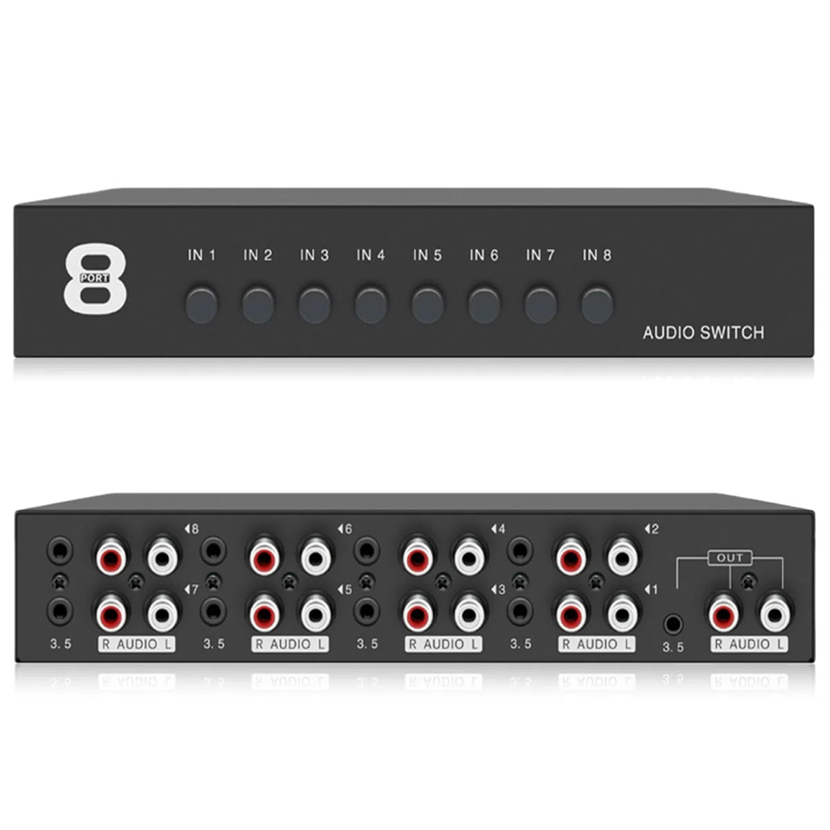 Conmutador de audio, conmutador de audio 8 en 1 salida, interruptor de audio auxiliar de 3,5 mm + RCA L/R, conmutador de audio bidireccional, caja de selección de audio, divisor de audio para