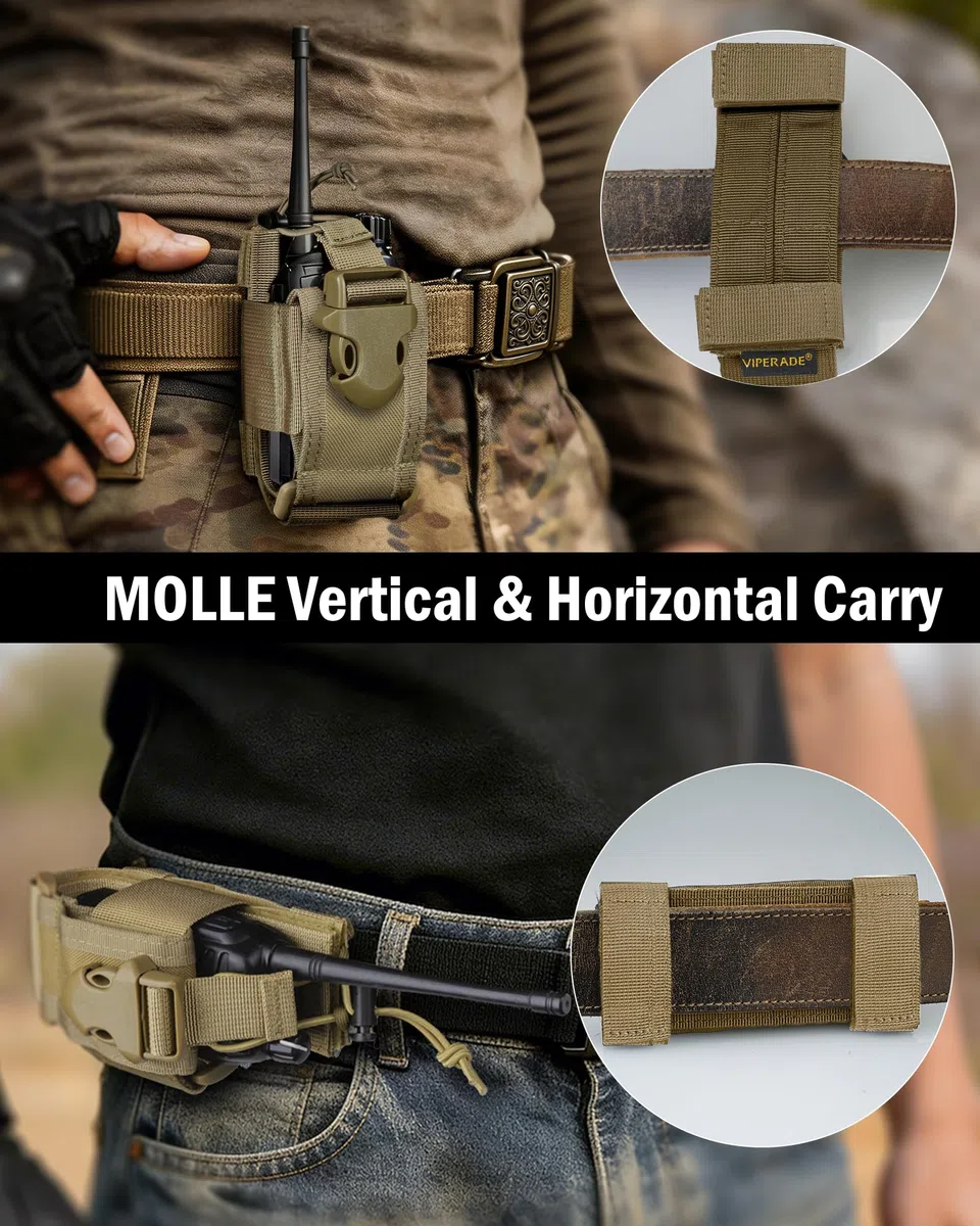 VIPERADE Bolsa para Walkie Talkie, Soporte para Radio MOLLE, Funda para Radio con Chaleco Ajustable, Funda para Radio con Soporte para Walkie Talkie, Bolsa para Radio Multifuncional -Caqui
