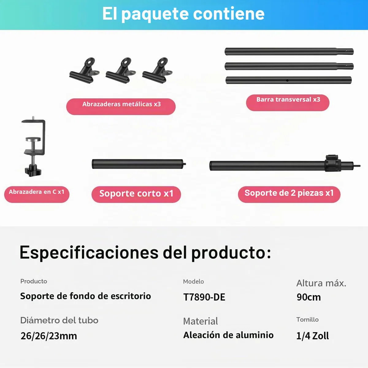 Soporte de Fondo 90x100 cm, 26-90 cm Soporte de Mesa de Altura Regulable con 3 travesaños, 3 Abrazaderas y Abrazadera en C para pancartas de Productos, Fondos de fotografía