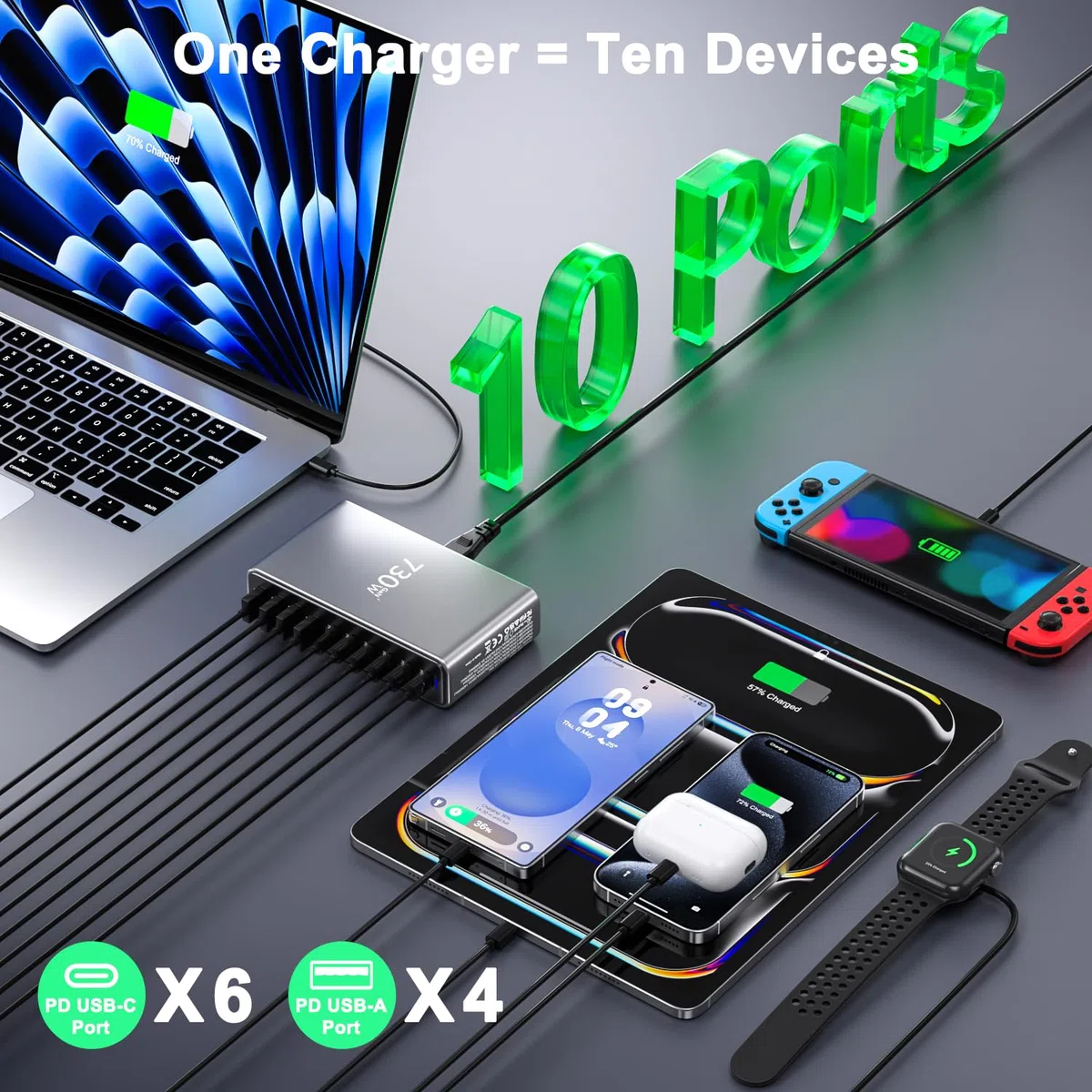 Cargador USB C 730W, Estación de Carga 10 Puertos, Cargador Rápido Adaptador Sector para Ordenador portátil 140W, Alimentación PD, Compatible con iPhone/Samsung/Google/Laptop/MacBook Pro/Air/DELL
