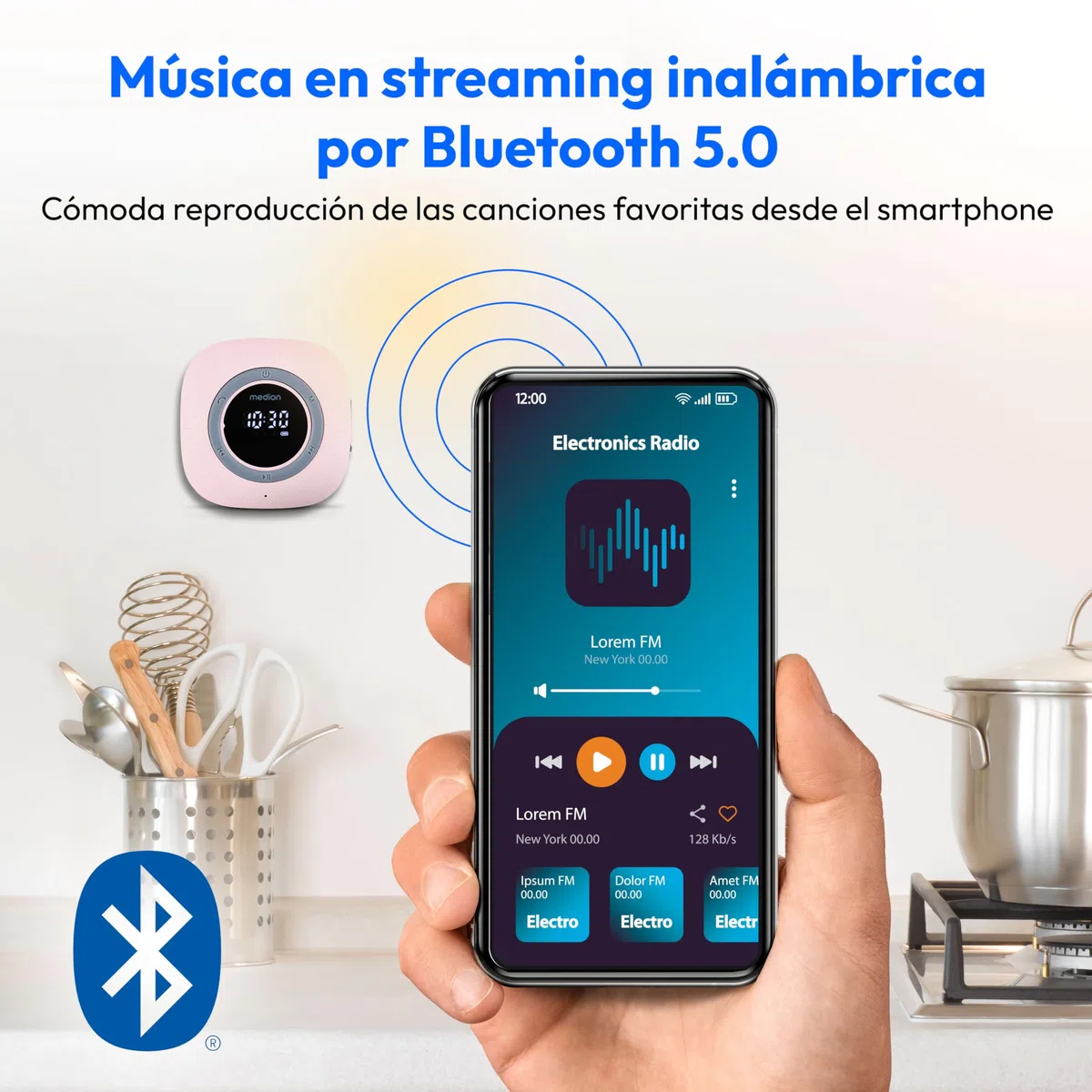MEDION P66096 Radio de Ducha con Bluetooth (Radio de baño, Radio FM, Ventosa, Pantalla LED, Impermeable IPX6, batería Recargable integrada, MD43884) Rosa