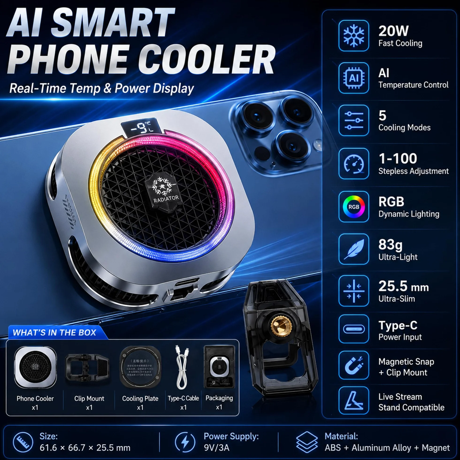 auvstar Enfriador de Movil,Magnético para Juegos,Ventilador Portátil RGB,Ligero y Silencioso,5 Modos,Ideal para Juegos/Transmisiones en Directo (plateado)