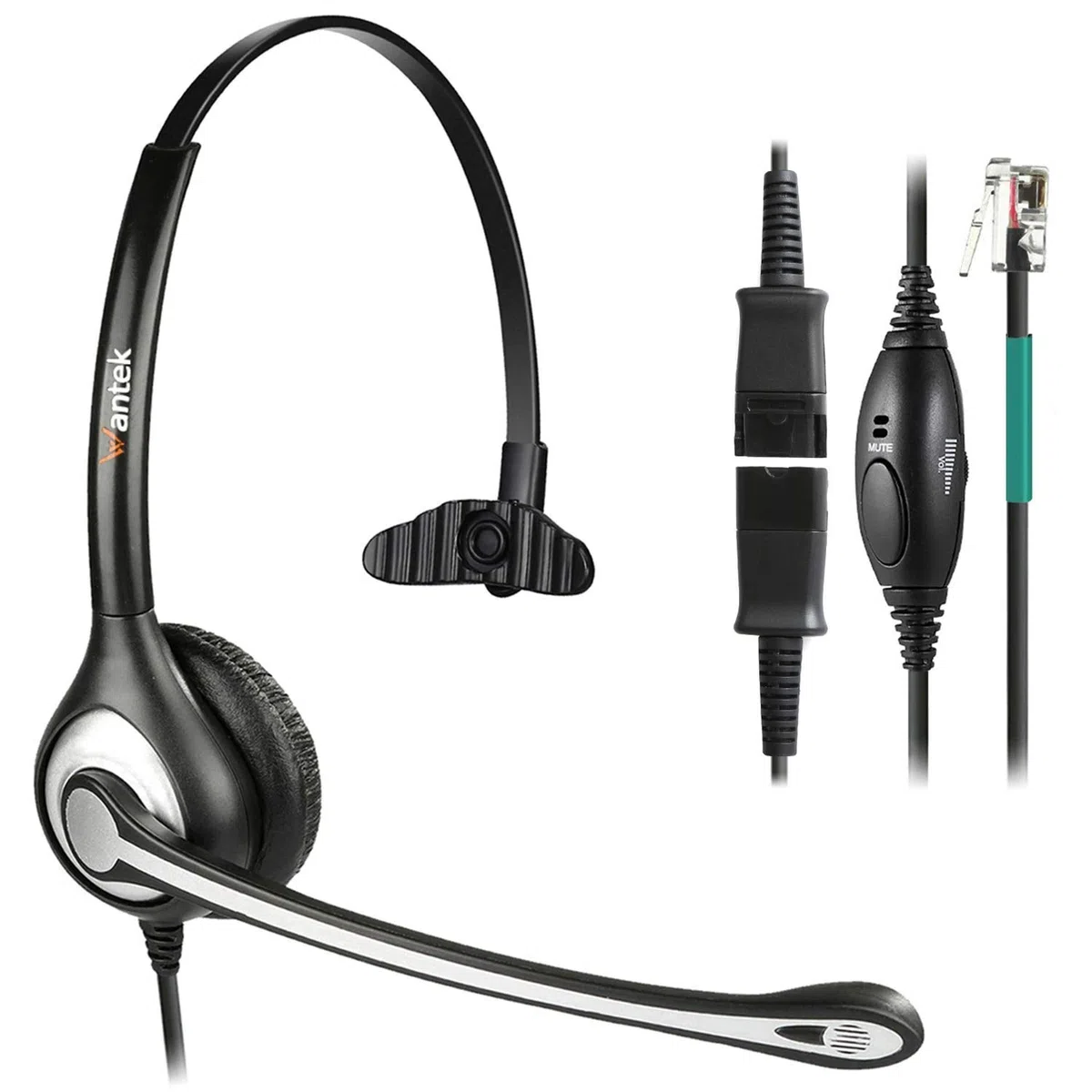 Auriculares Teléfono Fijo RJ9 Mono, Micrófono con Cancelación de Ruido, Quick Disconnect, WANTEK Cascos con Control de Volumen para ShoreTel Plantronics Polycom NEC Nortel Norstar Meridian(600QS2)