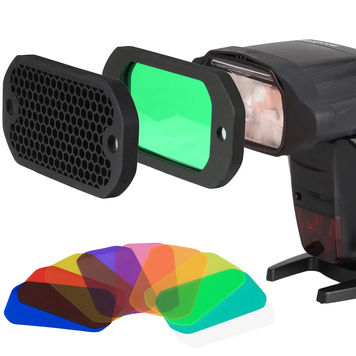 AODELAN Juego de filtros de gel de flash, rejilla universal de panal con kit de filtros de iluminación Speedlite de 8 colores para cámara Canon, Nikon, Sony, Godox y Yongnuo