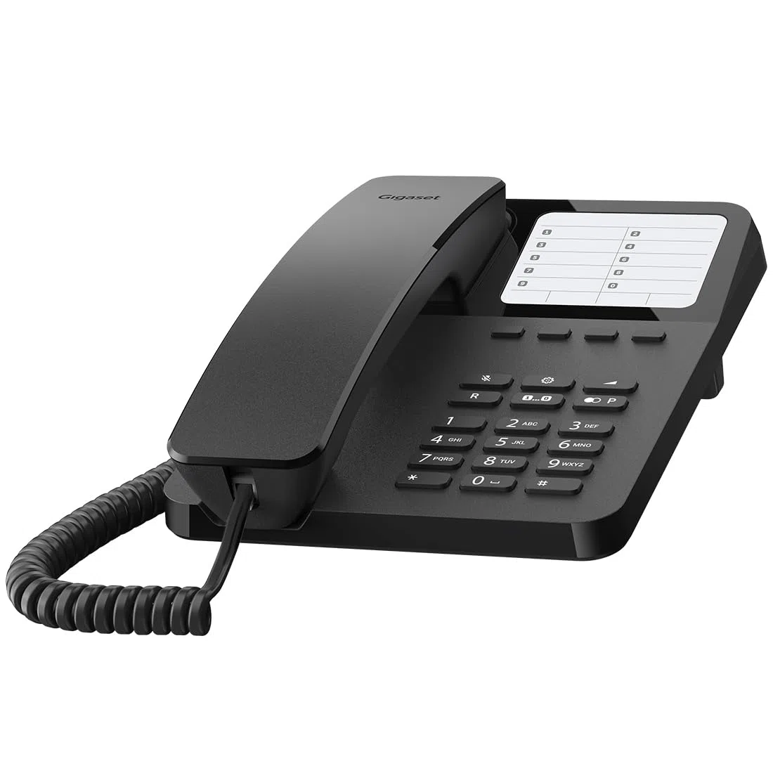 Gigaset Desk 400 - teléfono con Cable elástico, Espacio para 10 entradas de marcación rápida, rellamada, Compatible con audífonos, marcación por Tonos o por impulsos configurable, Color Negro