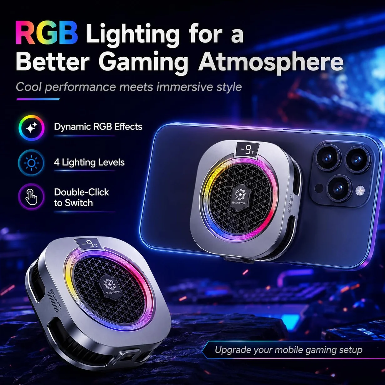 auvstar Enfriador de Movil,Magnético para Juegos,Ventilador Portátil RGB,Ligero y Silencioso,5 Modos,Ideal para Juegos/Transmisiones en Directo (plateado)