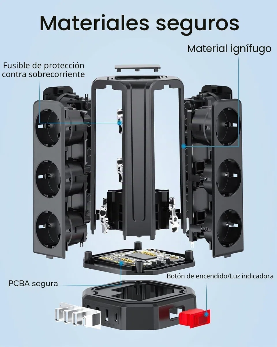Torre Regletas Enchufes con Cable 5M, Regleta USB 12 Tomas de AC Corrientes y 4 USB, 3680W/16A, Regreltas Vertical con Interruptor para Mesa, Oficia, Casa