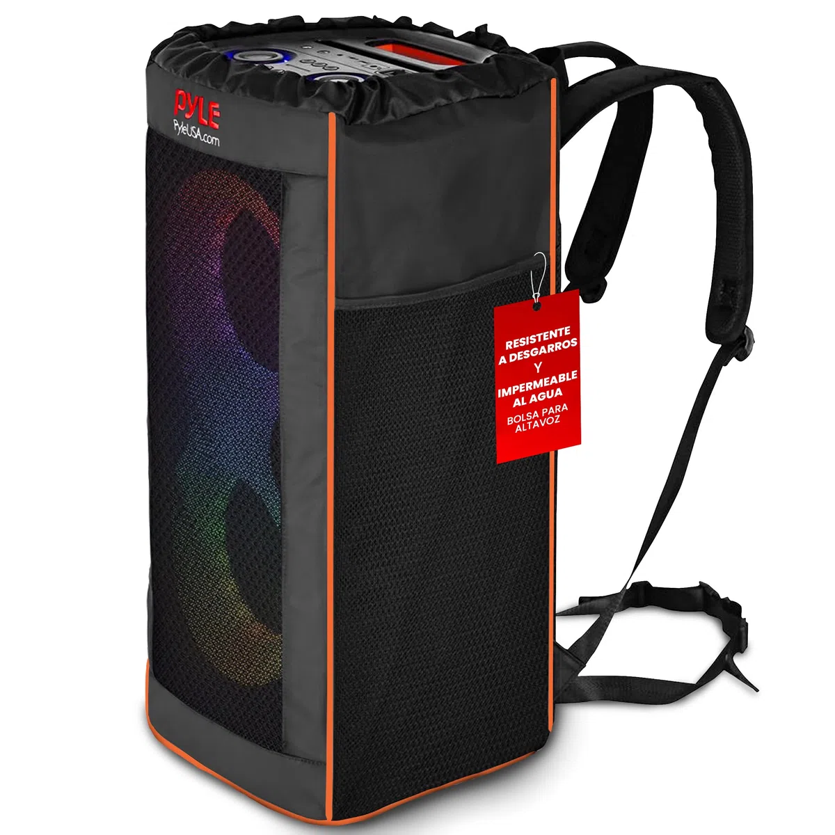 Pyle Funda Altavoz, Impermeable, Estuche Resistente para Viaje, con Correas Ajustables Tipo Mochila, Bolsillos Laterales