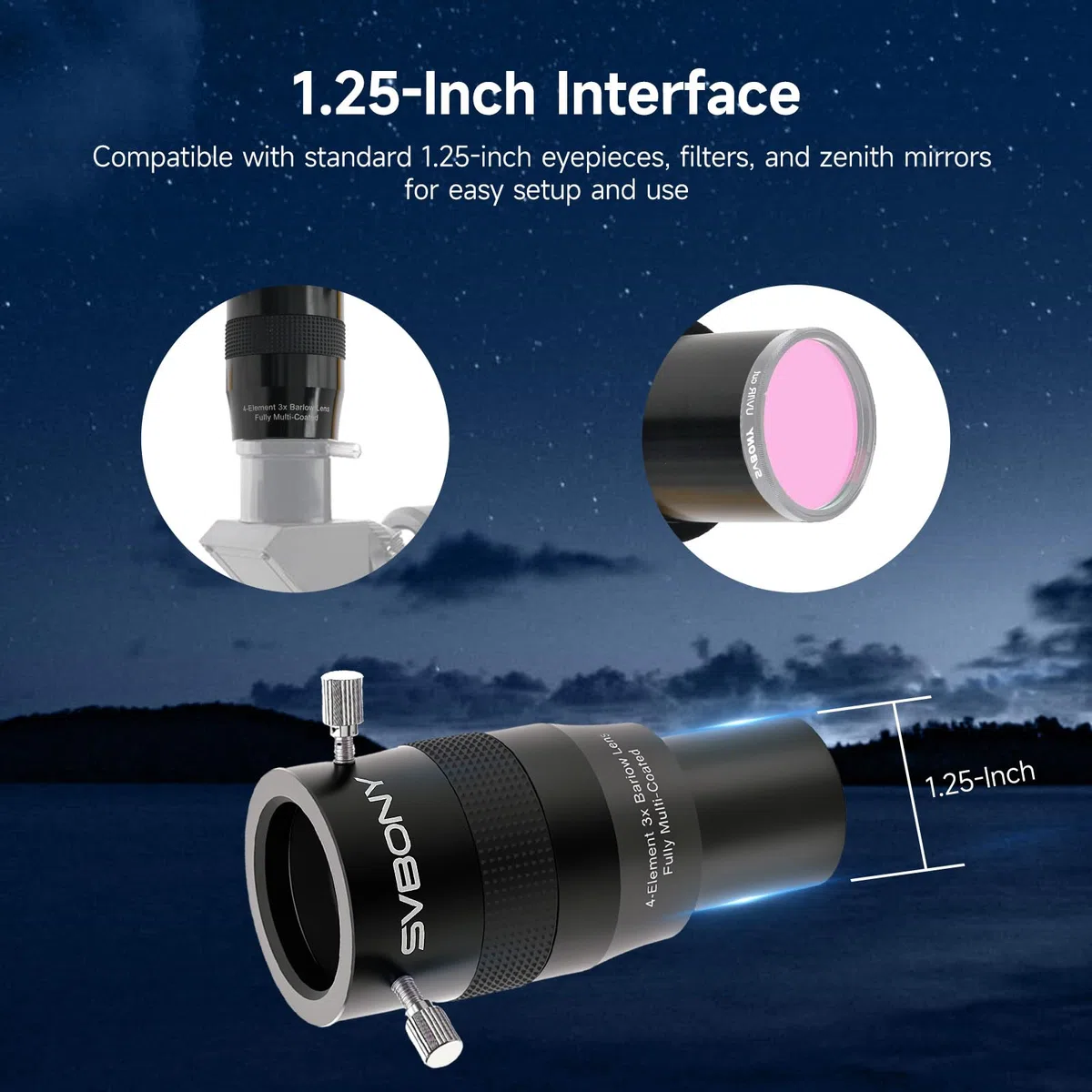 Svbony SV216 Lente Barlow 3X, 1.25" Metal Barlow 4 Elementos Apocromática FMC Lente Telescopio para Observación Planetaria con Ocular de Telescopio