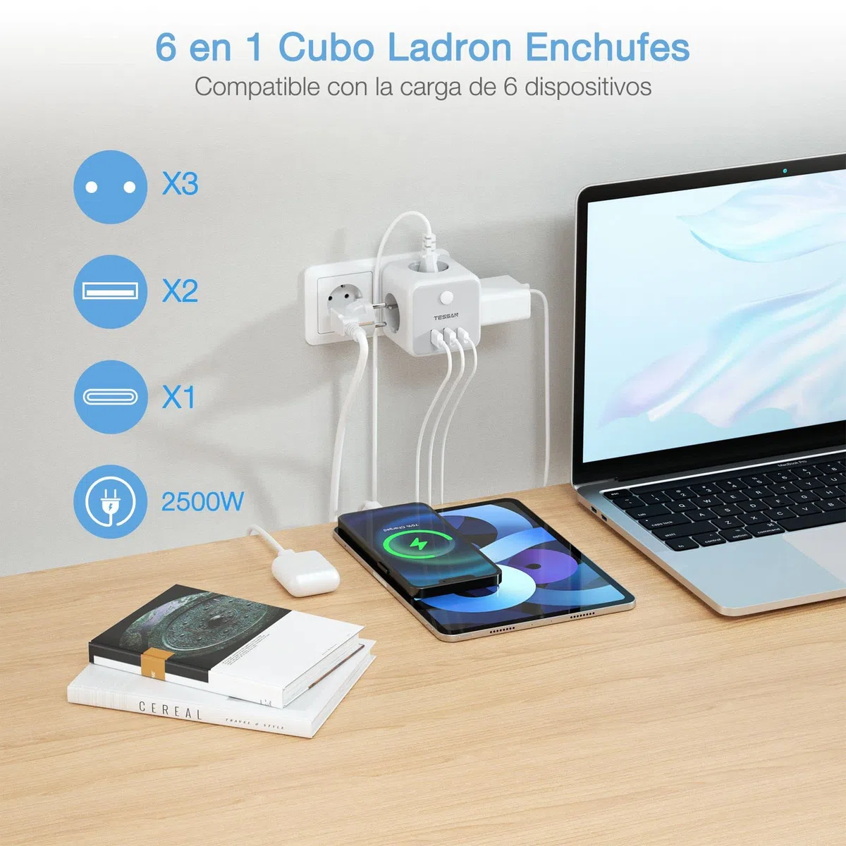 TESSAN Ladron Enchufes con USB C, 6 en 1 Cubo Cargador Ladrón Enchufes, Triple Multiple con 3 USB, Multiple Pared con Interruptor, Regleta Pared Compatible con Phone, Pad, Hogar Oficina