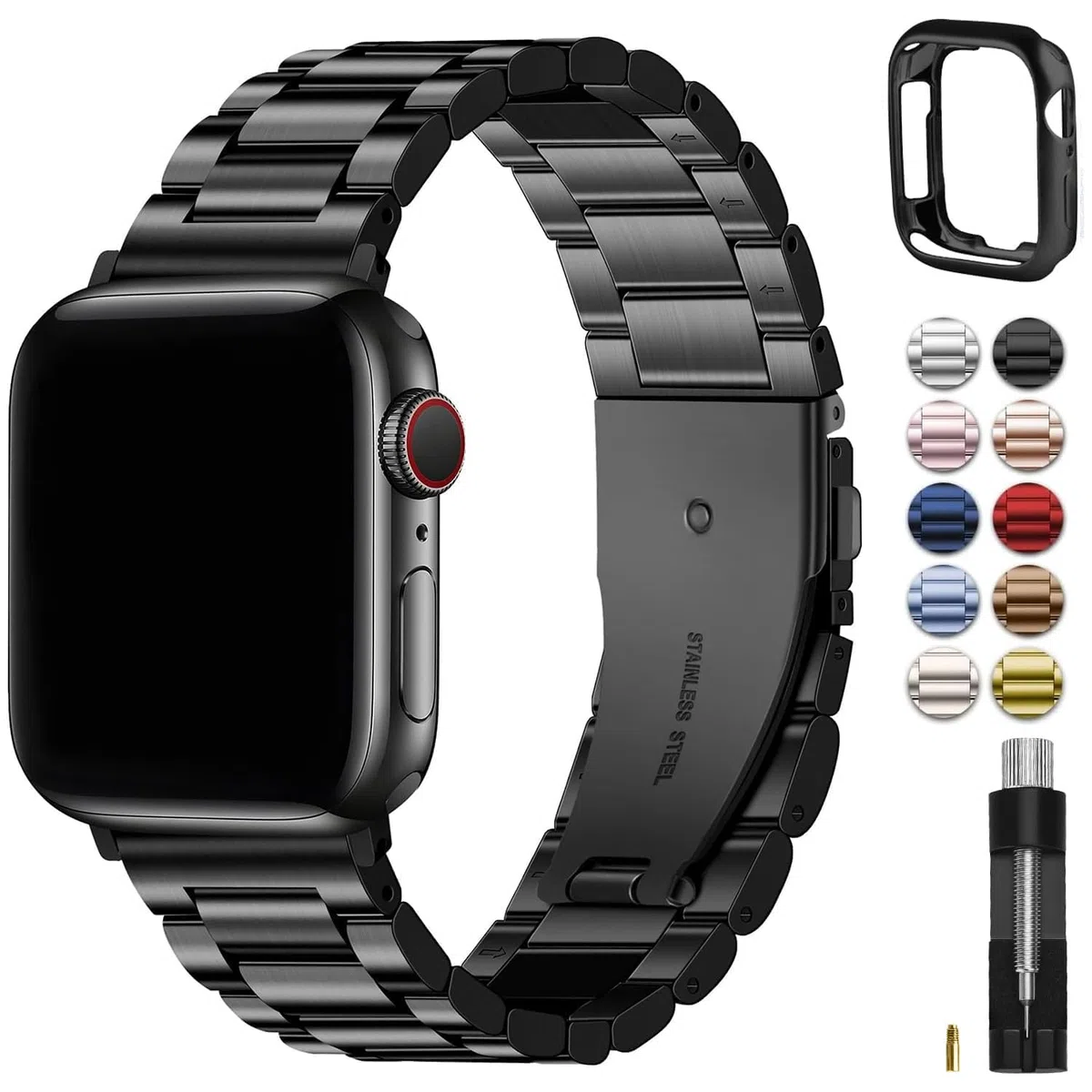 Fullmosa Correa Compatible Con Apple Watch 44mm 46mm 45mm 49mm 40mm 42mm 41mm 38mm,Pulsera Acero Inoxidable con Case Para iWatch Ultra SE 3 2 1/Series 11/10/9/8/7/6/5/4/3/2/1,44mm 42mm 45mm Negro
