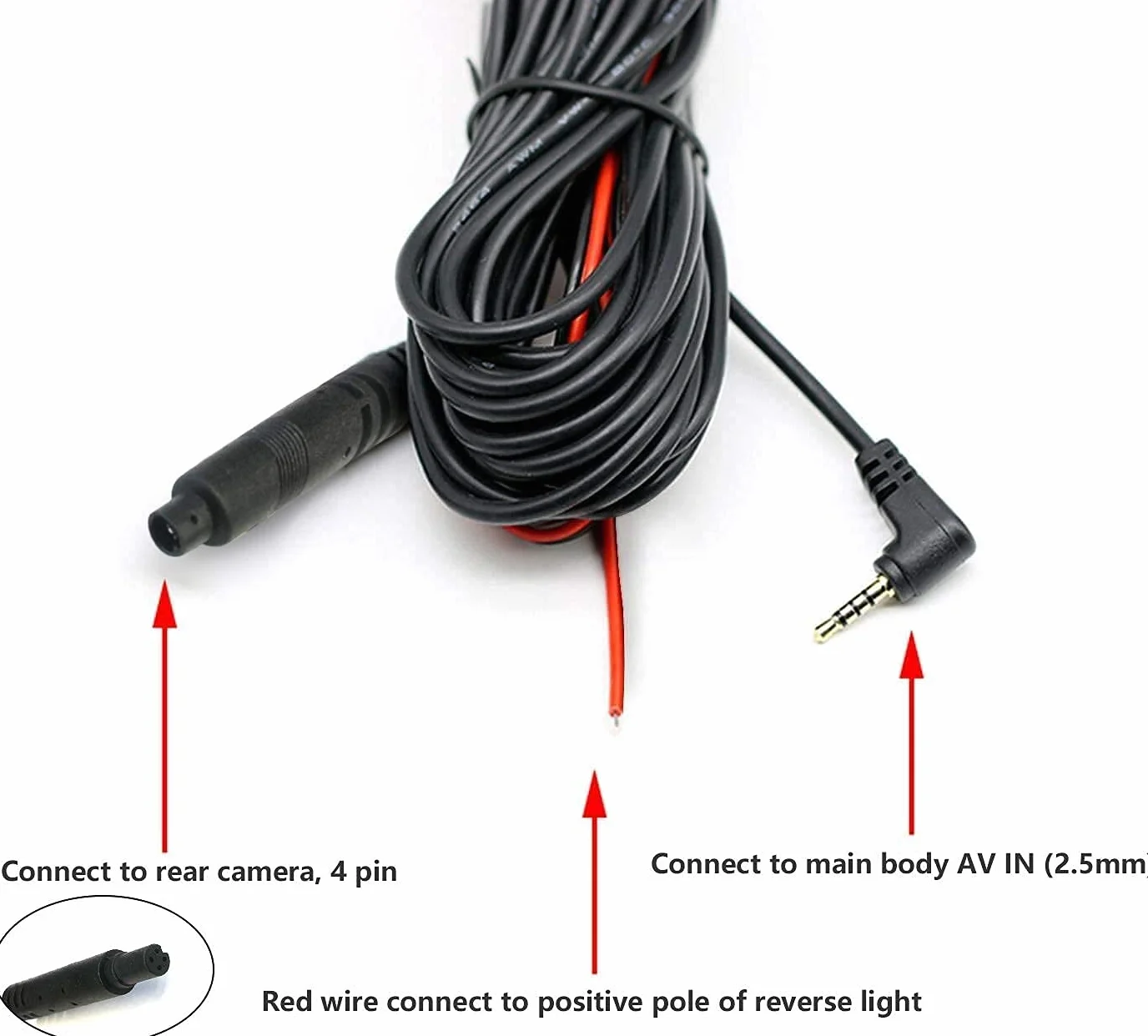WOLFBOX 33FT / 9m Cable de Repuesto Más Largo para Cámara Trasera para G840S/G840H/G850/G900/G930/i07 Cámara de Tablero con Espejo (4 Pines, 2.5 mm)