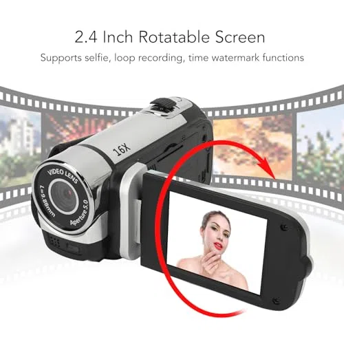 Grabadora de Cámara Digital, Videocámara Full HD 1080P 16MP, Cámara Vlogging con Pantalla Giratoria de 2,4, Zoom Digital 16X, Luz de Relleno, Antivibración, para Principiantes Silver