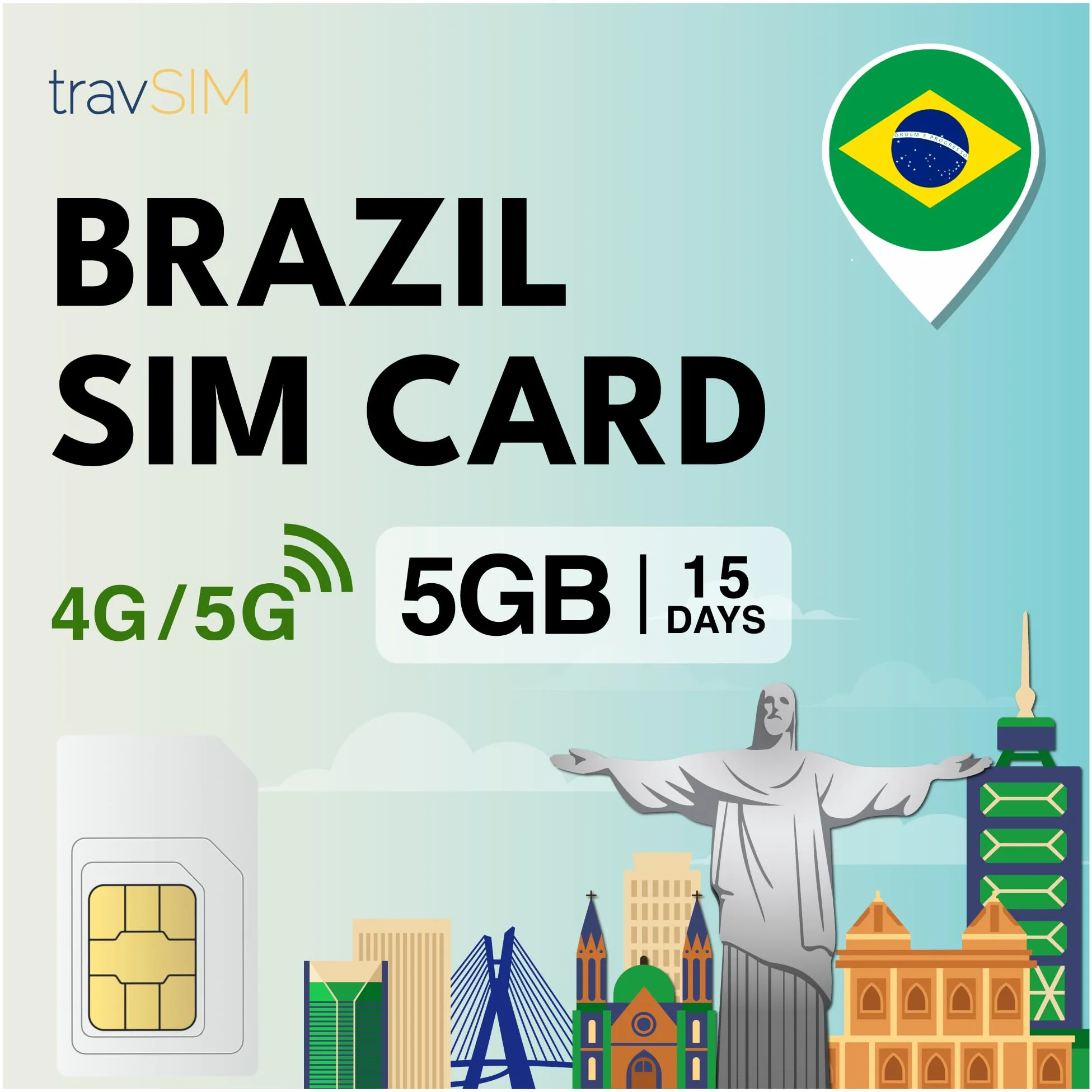 travSIM SIM Brasil | 05GB de datos móviles con velocidad 4G/5G | Acceso ilimitado a Internet para Google, Facebook, Whatsapp y más | El plan de la tarjeta SIM Brasil es válido por 15 días