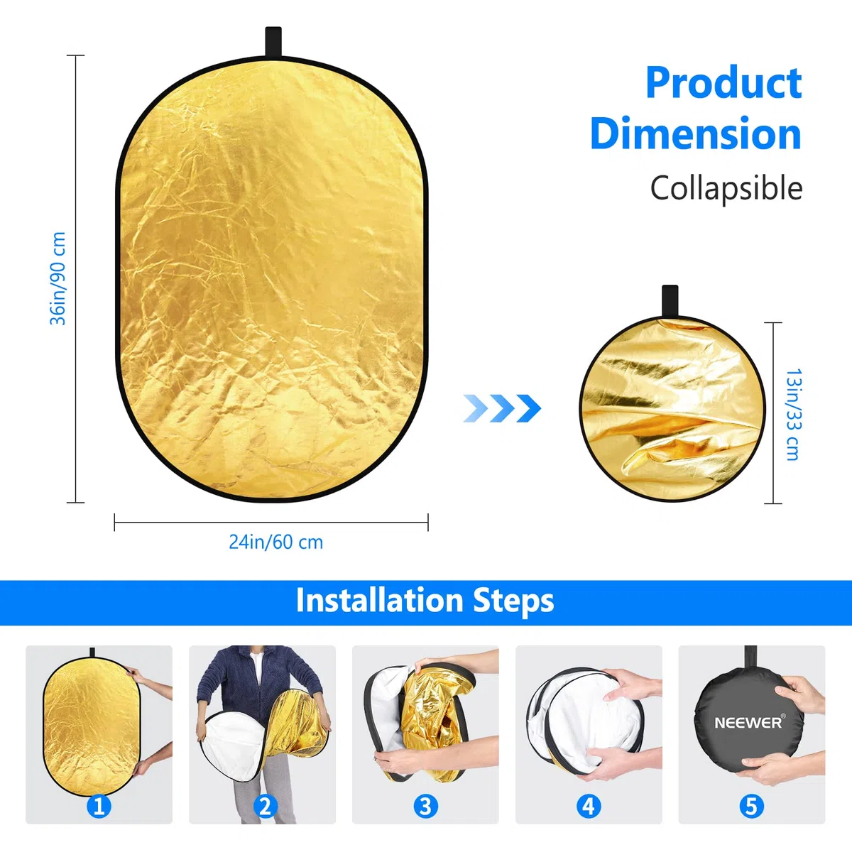 NEEWER Portátil 5 en 1 24"x36"/60x90cm Reflectores de Luz para Fotografía, Multidisco Plegable con Bolsa - Translúcido, Plata, Oro, Negro,Difusor Blanco para Iluminación de Estudio y Exterior