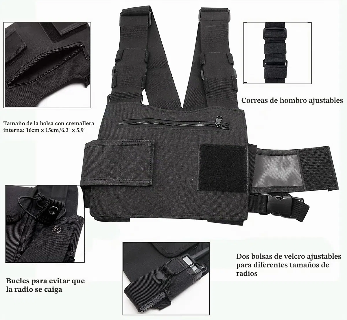 Walkie Talkie Mochila con Bolsillo en el Pecho, Mochila walkie Bolsa de Transporte para radios de Dos vías, Soporte para Rescate Essentials Chaleco Rig Pouch Negro